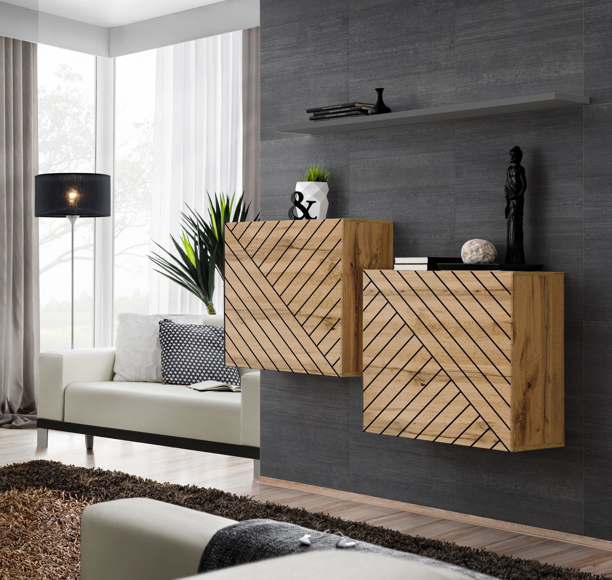 99rooms wohnwand swotch sb1 l, (set (3 st), wohnzimmer-set), bestehend aus  1×wandboard, 2×wandschrank, hängend, mit push-to-open