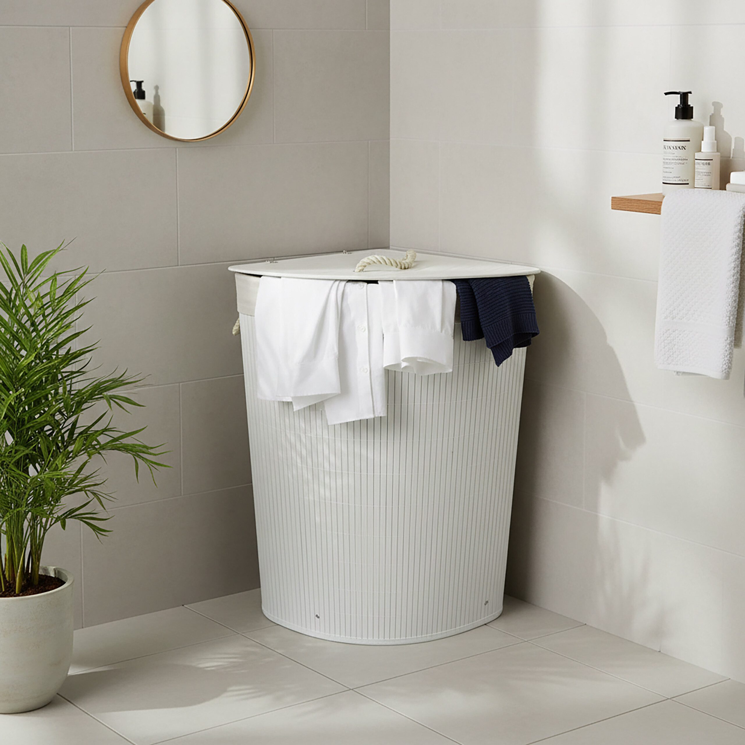 relaxdays Wäschekorb Bambus Eckwäschekorb mit Deckel, weiß günstig online kaufen