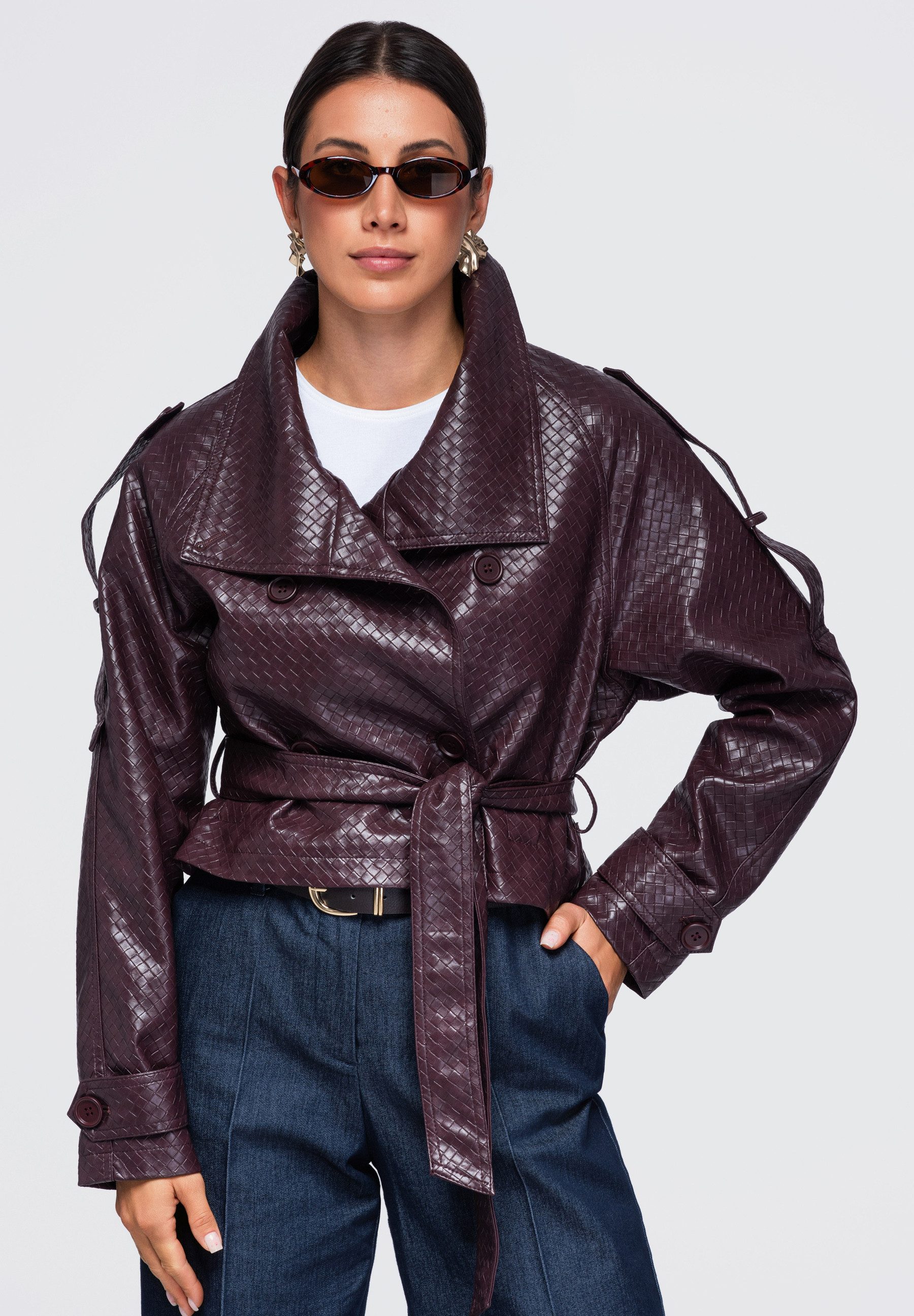 OMBRE Lederimitatjacke Damen Lederimitatjacke mit breitem Kragen und Gürtel Bordeaux M/L (kein Set, 1-St) in Unifarbe