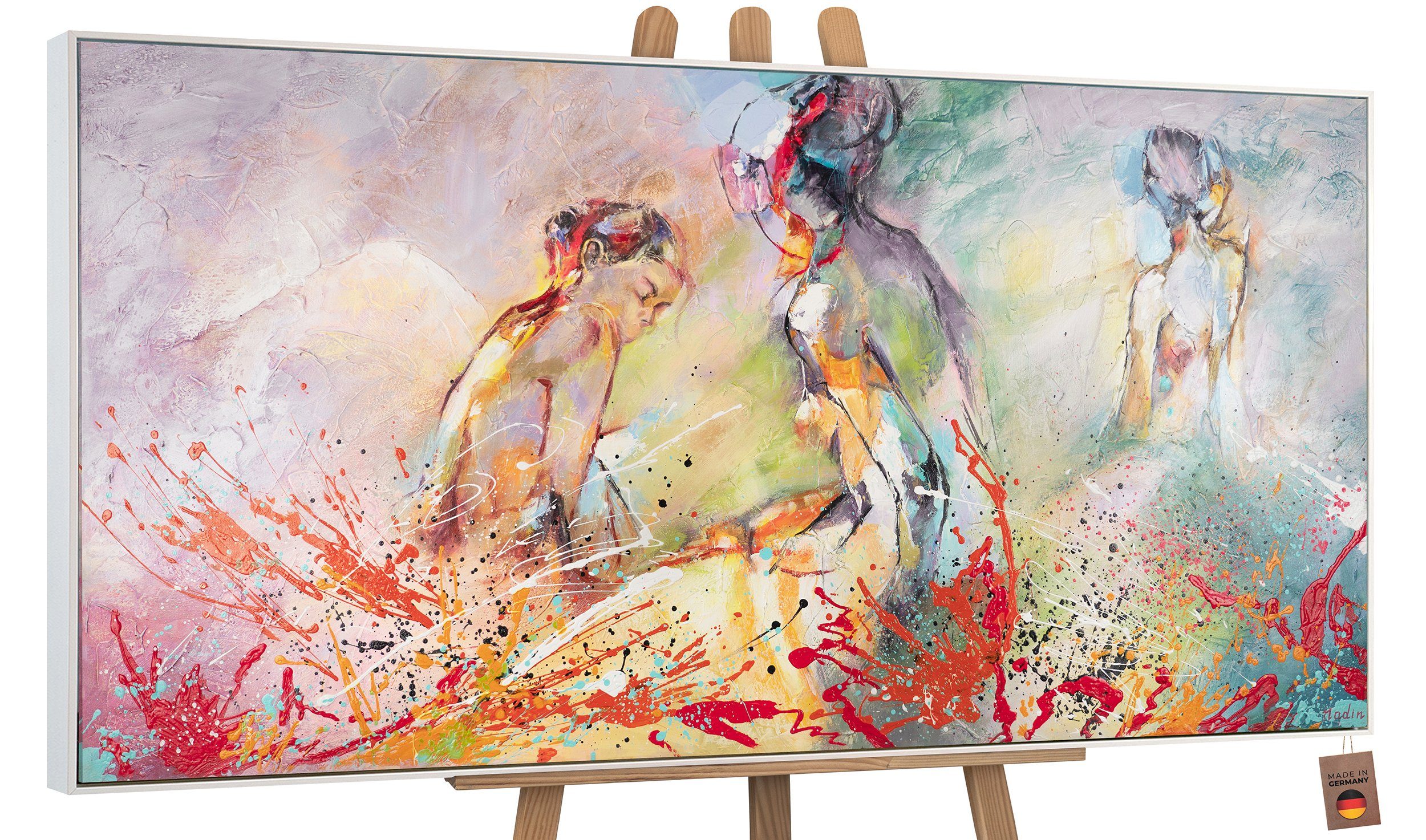 YS-Art Gemälde Heißer Sommer, Menschen, Leinwand Bild Handgemalt Frauen Sonnen Rot Orange Grün Mit Rahmen in Weiß