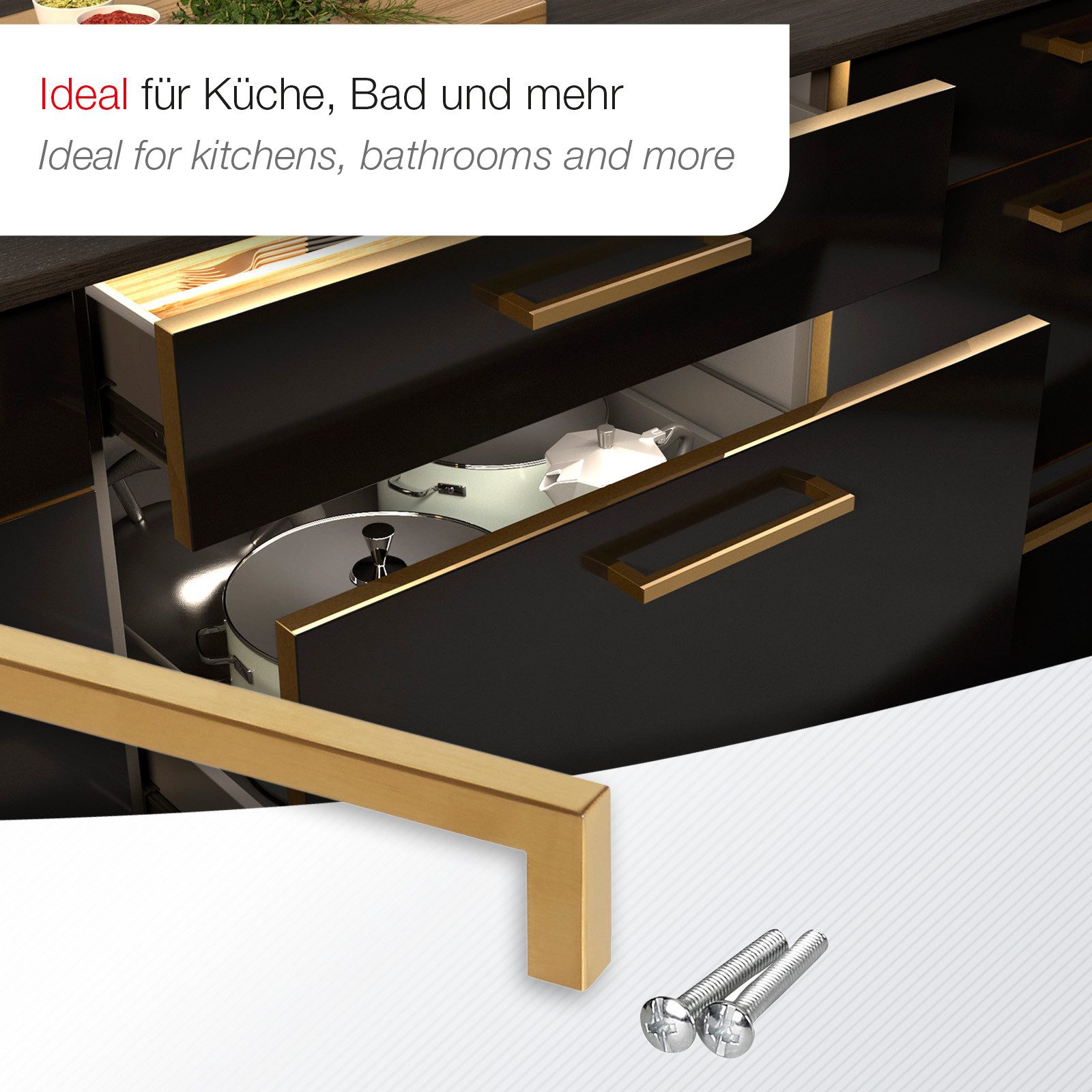 SO-TECH® Möbelgriff Stangengriff E8, aus echt Edelstahl, Profil eckig 10x10 mm (1-St), goldfarbig, Bohrlochabstand 736 mm, mit Schrauben