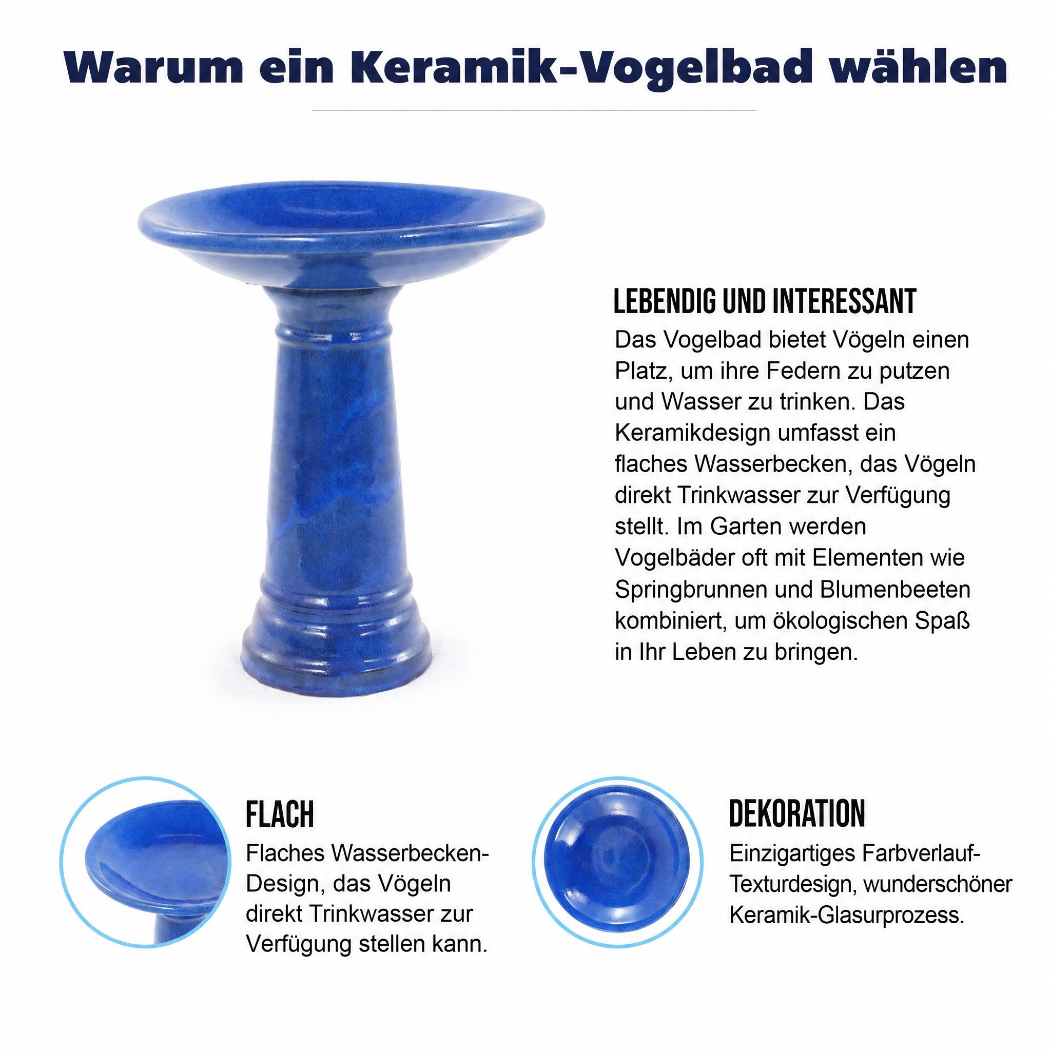 Blossom Vogeltränke Keramik Vogelbad Garten, handgefertigte Vogelfuttersäule Ø 31,5 cm, frostsicheres Vogelbecken mit Standfuß, für Terrasse Balkon – Bild 5 von 5