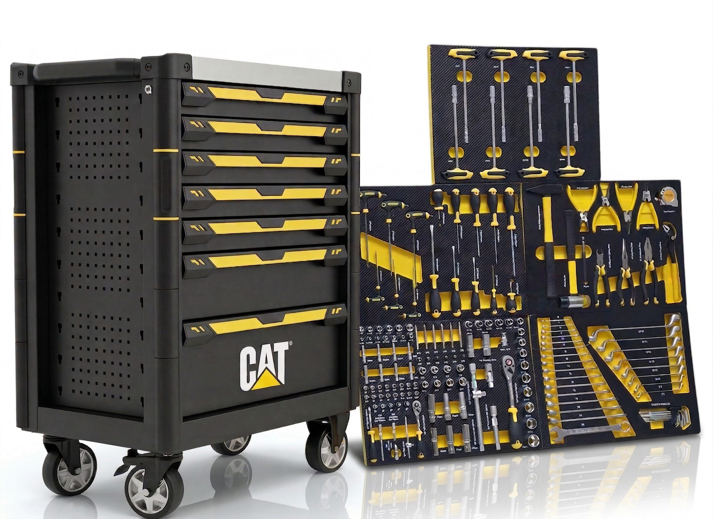 CAT Werkstattwagen Werkzeugkasten 5 von 7 Schubladen bestückt – Profi Werkzeugwagen, Mobiler Werkzeugschrank mit Rollen