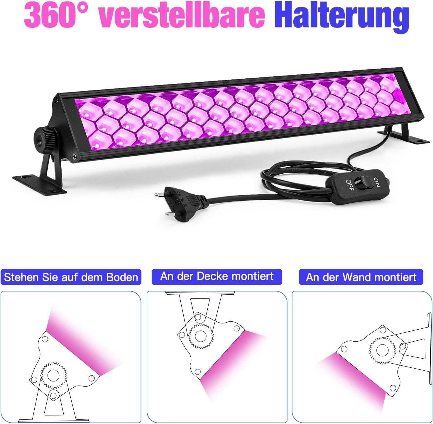Anpro Discolicht 72W LED UV Schwarzlichtlampe mit 3 fluoreszierenden Klebebändern, 48 UV-LEDs, 72 Watt Gesamtleistung, LED-Technik, 385–400 nm Wellenlänge, UV S – Bild 5 von 5