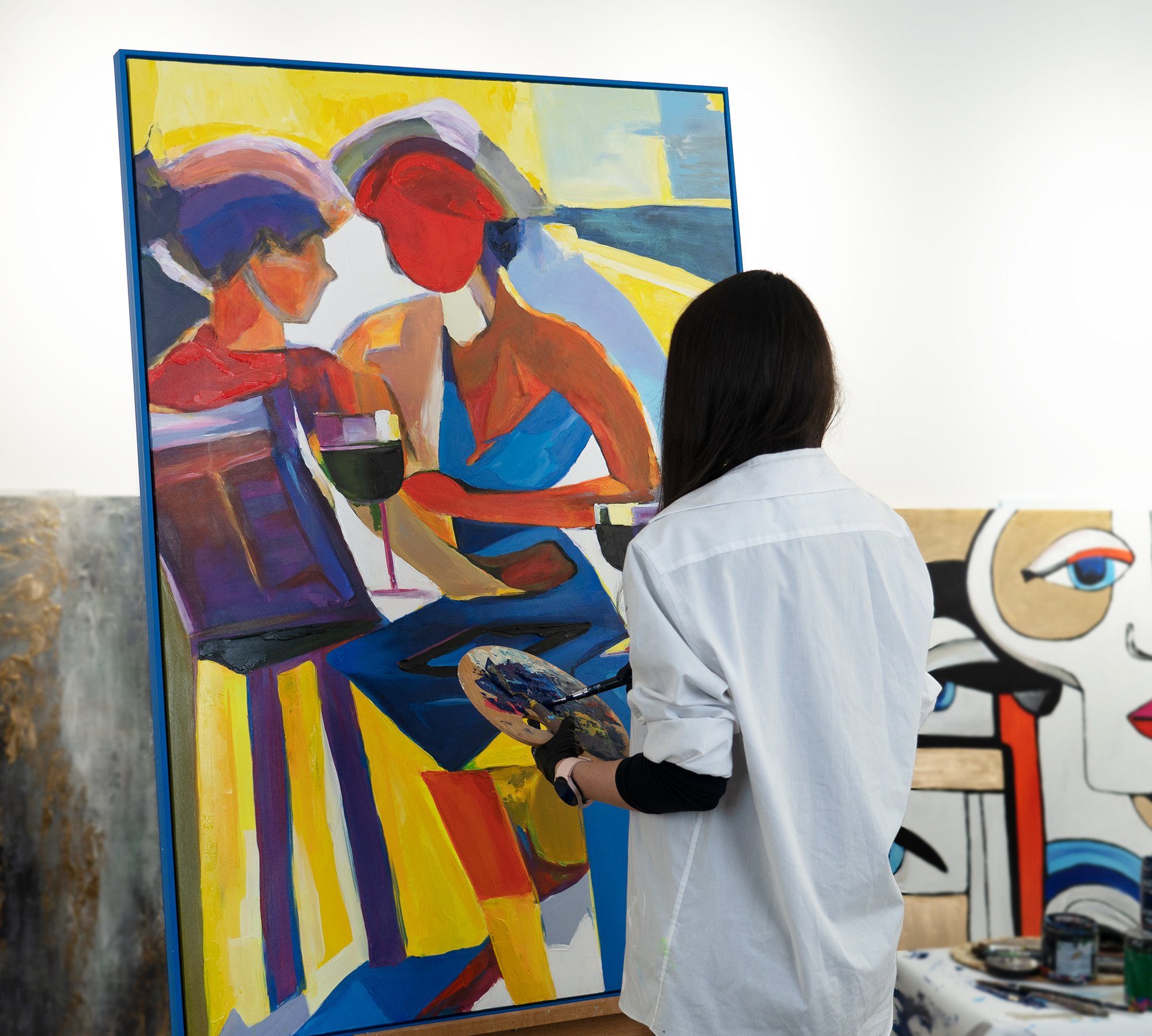 YS-Art Farbenfroher Mit Menschen Abend, Gemälde Rahmen in Gelb