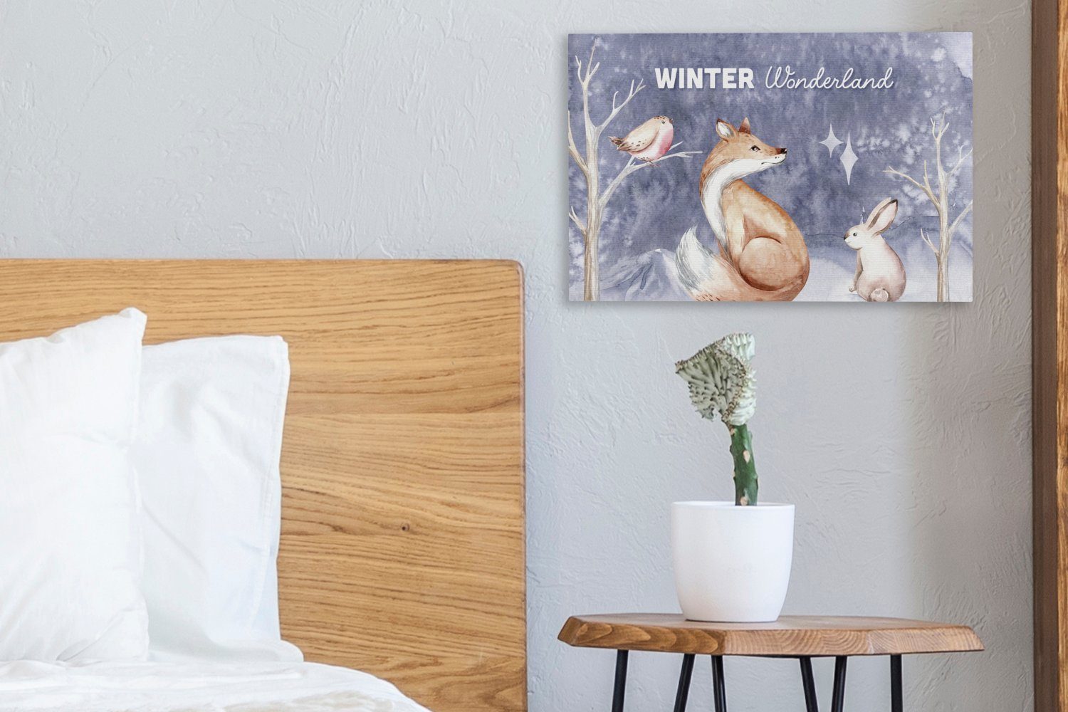 OneMillionCanvasses® Leinwandbild Winter - Fuchs - Wanddeko, Kaninchen, Vogel Wandbild Leinwandbilder, - 30x20 St), (1 cm Aufhängefertig