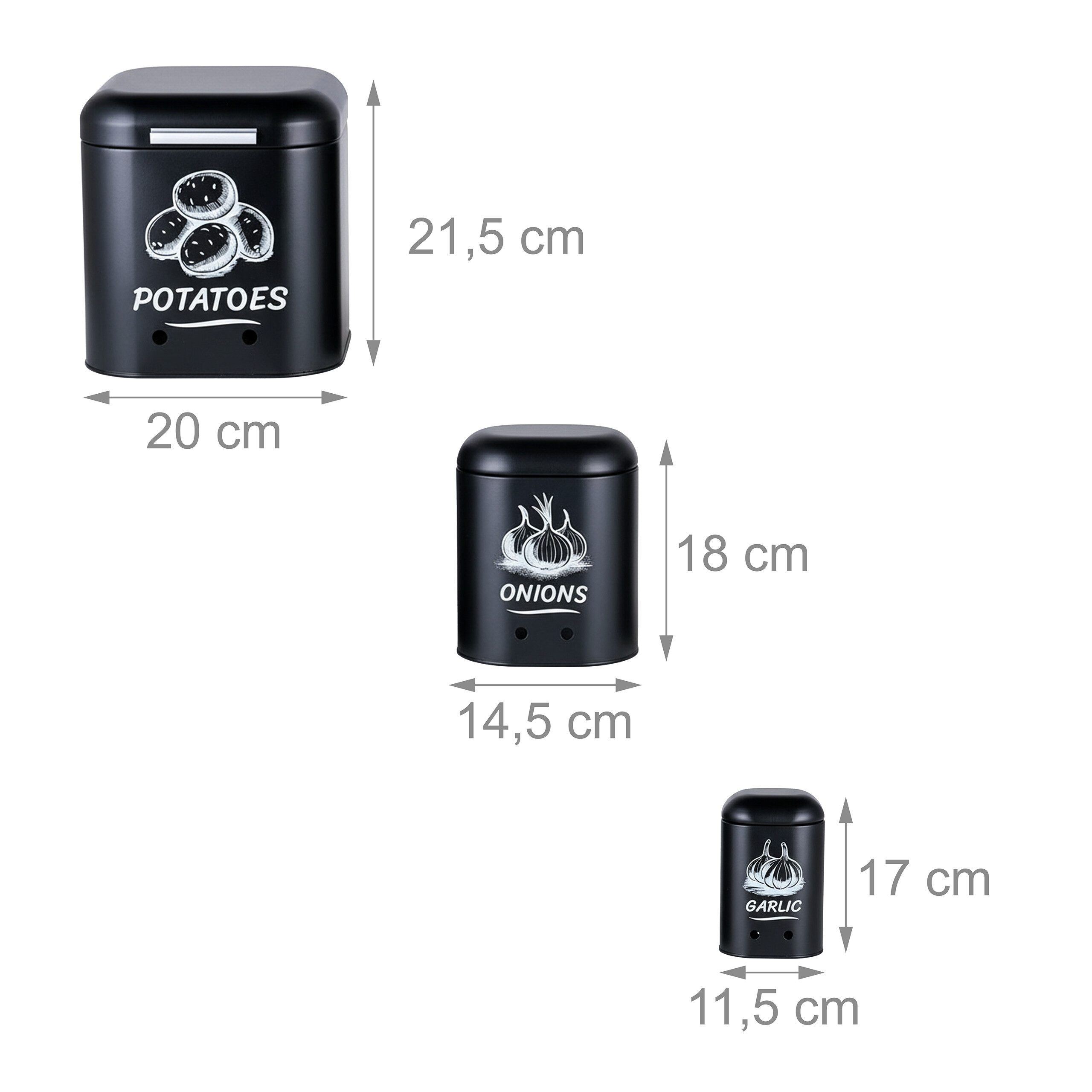 relaxdays Vorratsdose Kartoffel Aufbewahrungsbox 3er Set, Stahl, (3-tlg), schwarz – Bild 4 von 5