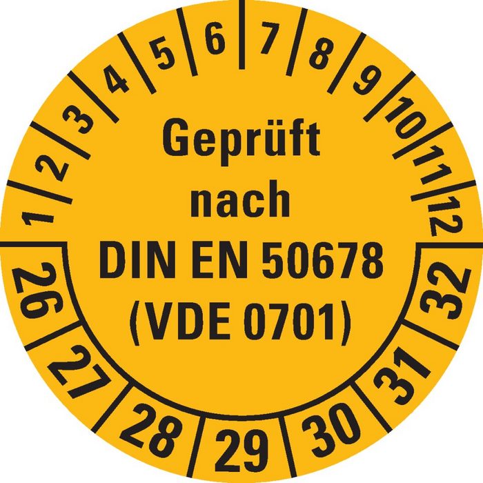 Dreifke Hinweisschild Dreifke® Prüfplakette geprüft nach DIN EN 50678(VDE 0701) 26-32 gelb Dokumentenfolie Ø 30mm 108/Heft