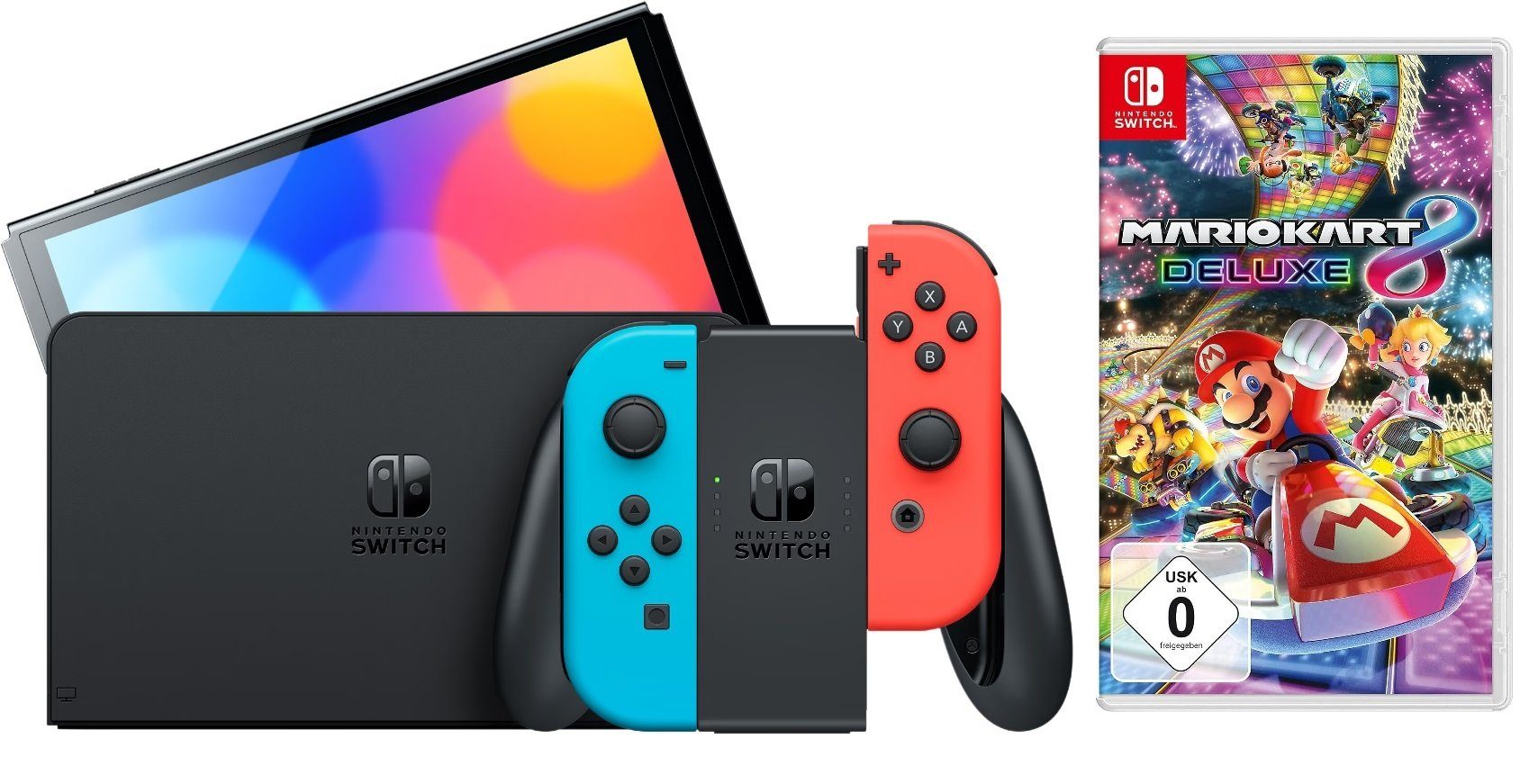 Nintendo Switch OLED Konsole Schwarz Blau Rot (inkl. Mario Kart 8 Deluxe Spiel), Handheld Spielekonsole Neonrot/Neonblau Set