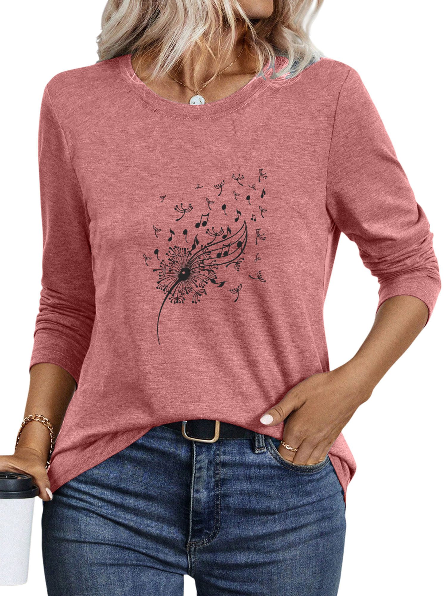 Longsleeve Damen bequemes Longsleeve Shirt Lockere Tops mit Löwenzahn Print