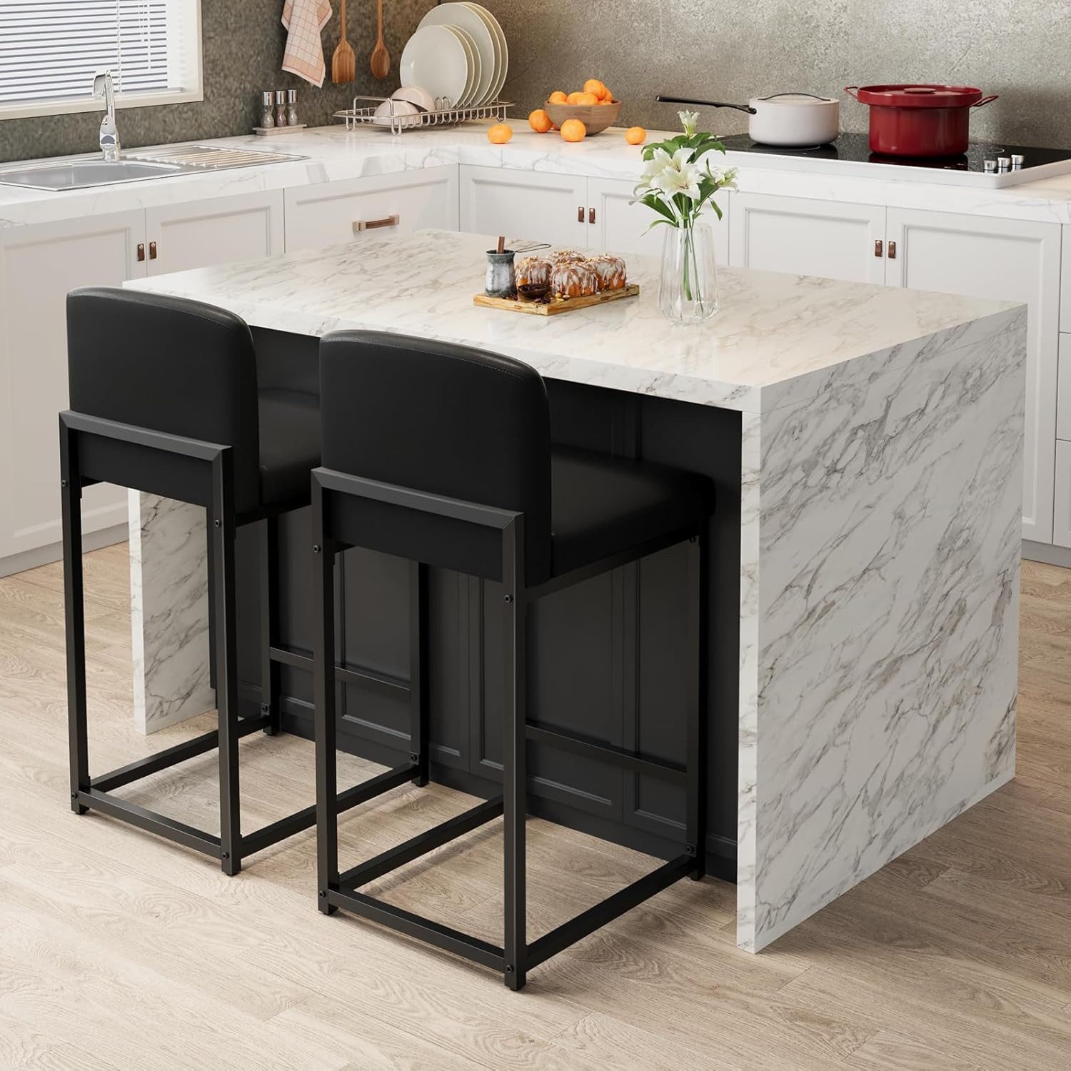 GarveeMore Barhocker 2er-Set,gepolsterte Barhocker in Tresenhöhe (63 cm),Modernes Barhocker, Tresenhocker aus Kunstleder mit Rückenlehne für Kücheninseln