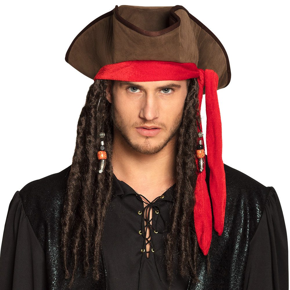 Boland Piraten-Kostüm Piratenhut Dirty Jack braun mit Haaren und rotem Bandana für Herren, mit Haare, die mit bunten Perlen verziert sind und rotem Bandana