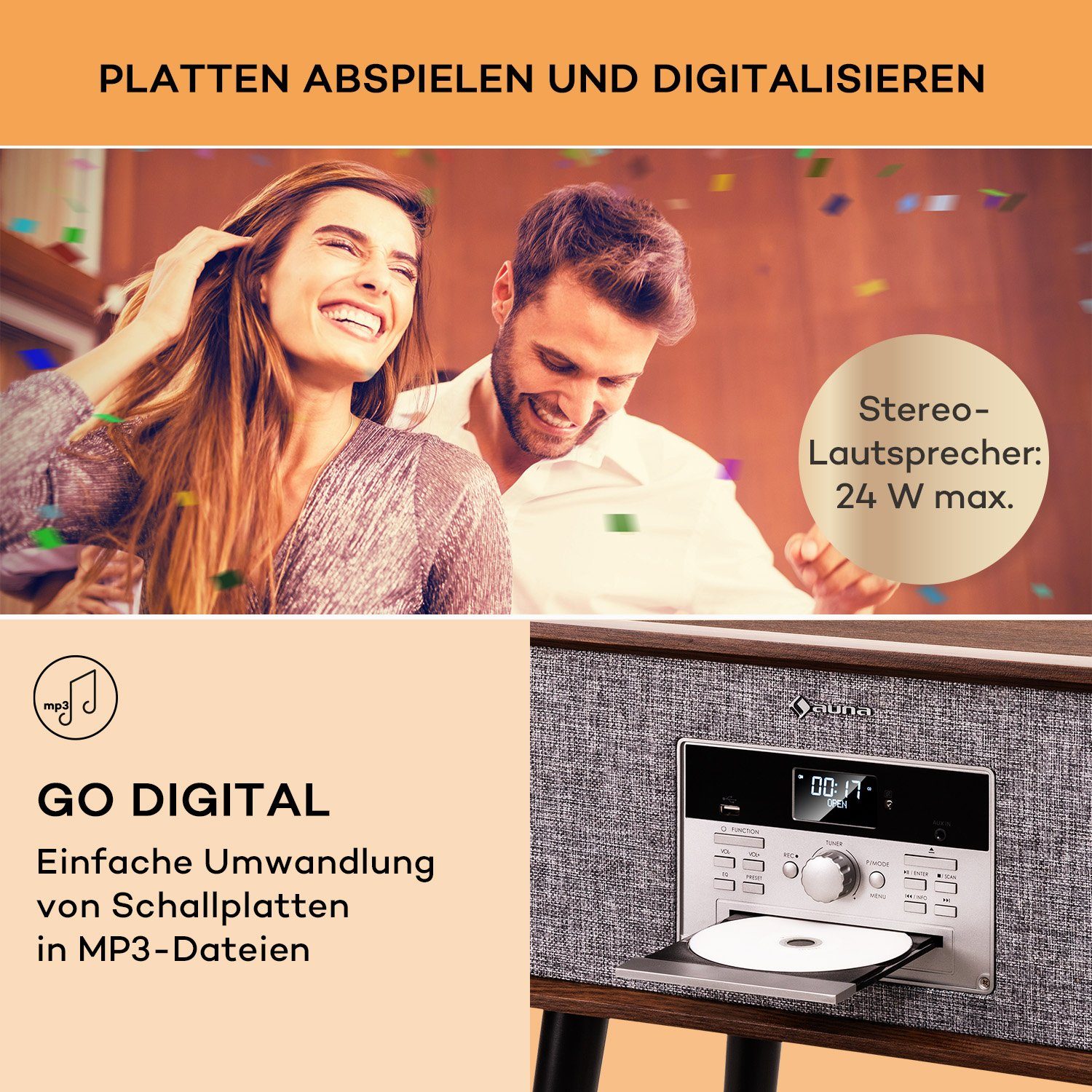 Auna Mary Ann Plattenspieler (Riemenantrieb, Bluetooth;CD, DAB+ UKW Radio MP3 Player Fernbedienung)