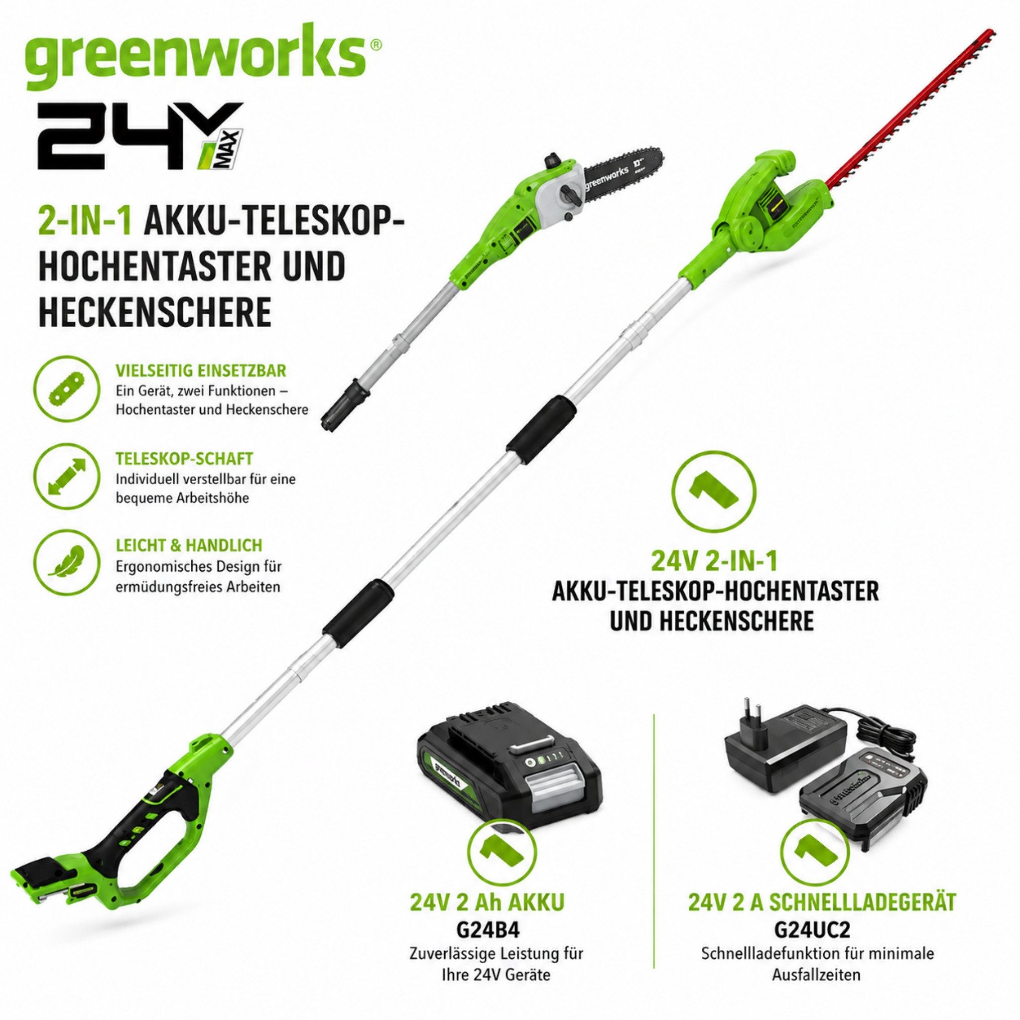 Greenworks Akku-Hochentaster Akku Teleskop Heckenschere Hochentaster 2-in-1 2.0Ah Akku & Ladegerät, bis 2,4 m Arbeitshöhe, Elektro-Kettensage 20cm Schwert, 510mm Messer für Gärten Rasenflächen