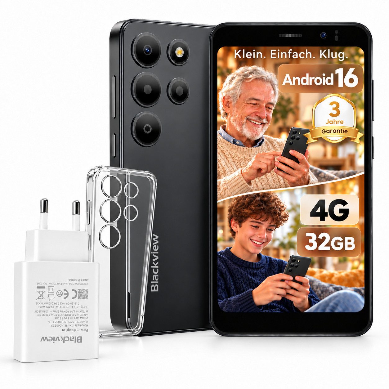 blackview WAVE2C 5‘’ Handy ohne Vertrag, Android 16, 32GB, mit 45W Charger/Hülle Smartphone (5 Zoll, 32 GB Speicherplatz, 4G Dual SIM, Face ID, 1080P-Video, Google Lens, mit Ladegerät)