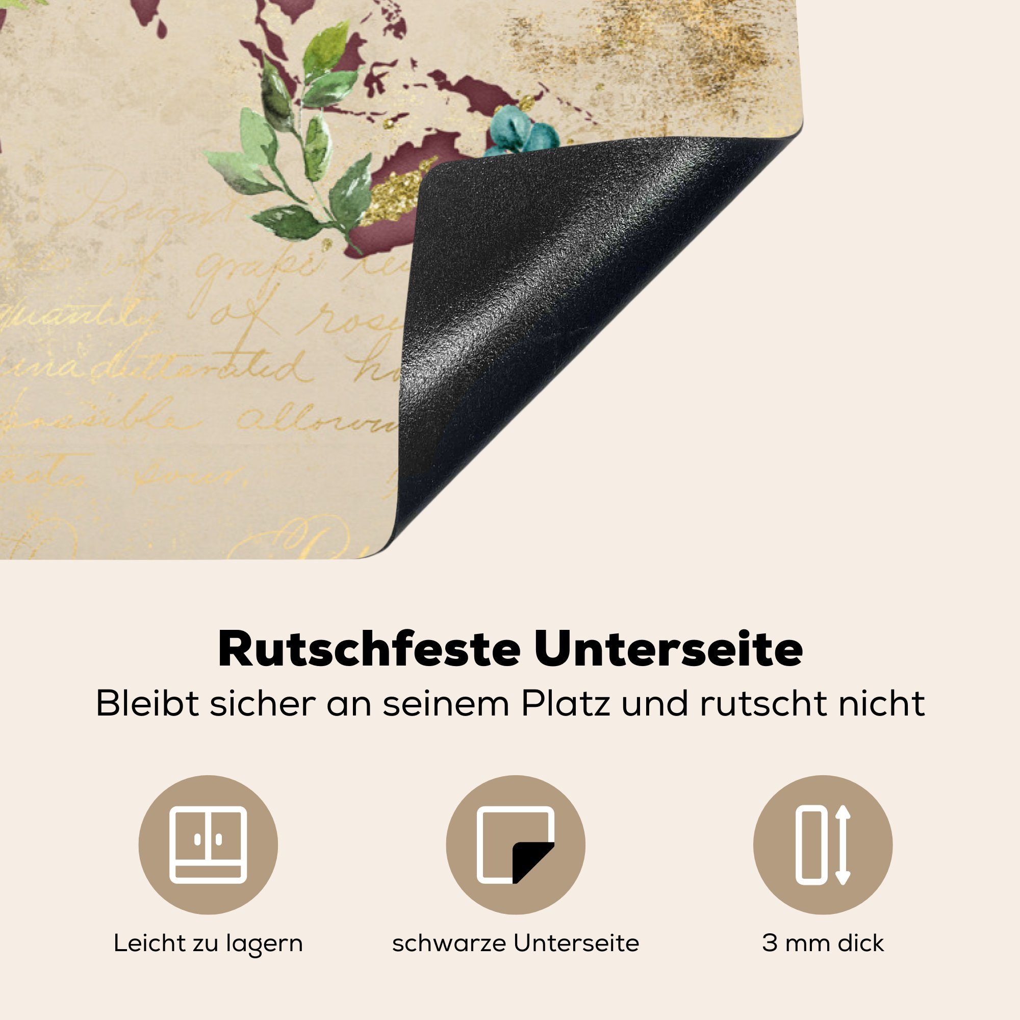 - küche, die Ceranfeldabdeckung tlg), 81x52 Retro, cm, - Induktionskochfeld Weltkarte für Herdblende-/Abdeckplatte Vinyl, Papyrus (1 MuchoWow Schutz