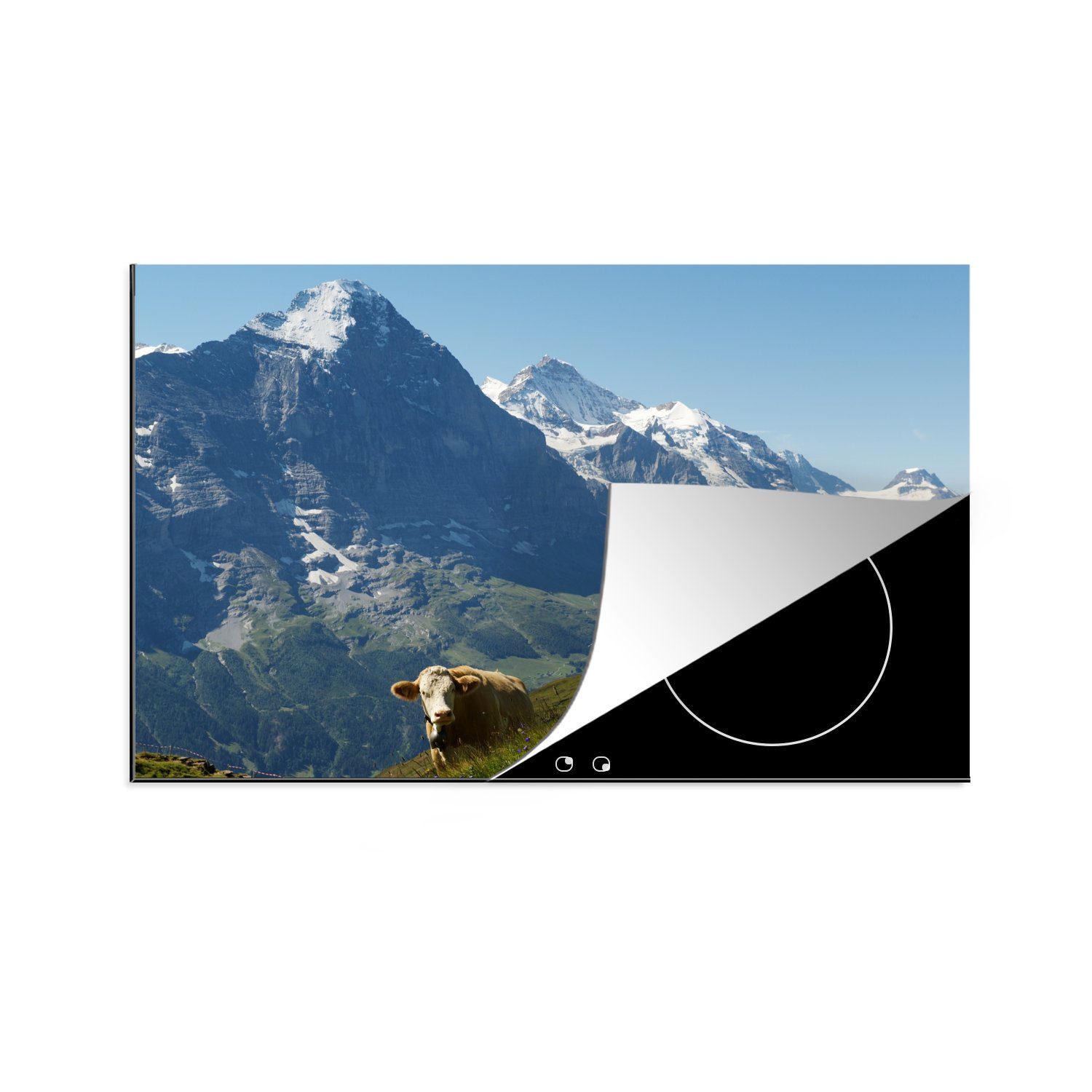 MuchoWow Herdblende-/Abdeckplatte Schweizer Kuh vor dem Eiger in der Jungfrauregion, Vinyl, (1 tlg), 81x52 cm, Induktionskochfeld Schutz für die küche, Ceranfeldabdeckung