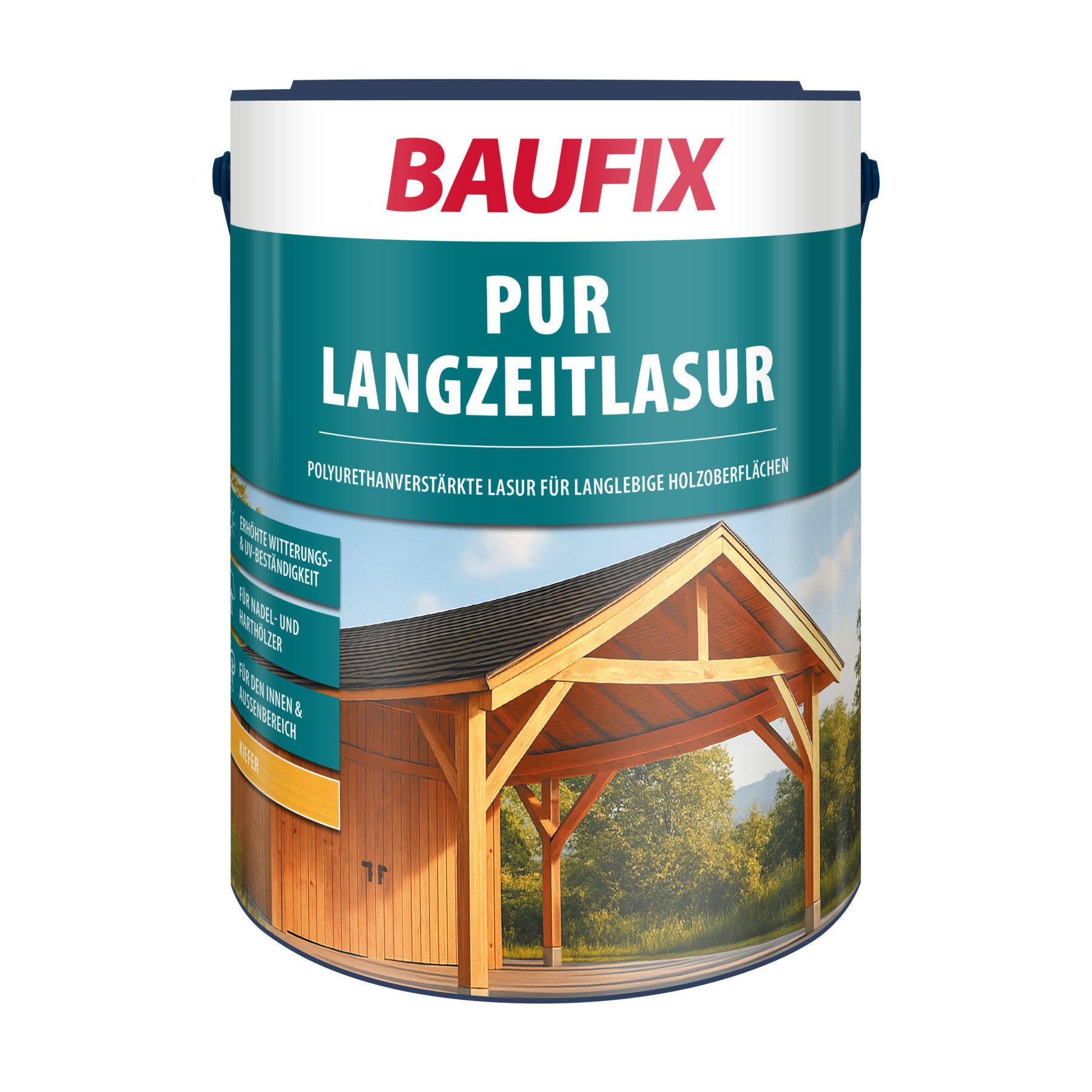 Baufix Holzschutzlasur PUR Langzeitlasur seidenmatt, 5 Liter für ca 50m², Holzlasur für innen & außen, Verkleidungen, Carports & Fachwerk