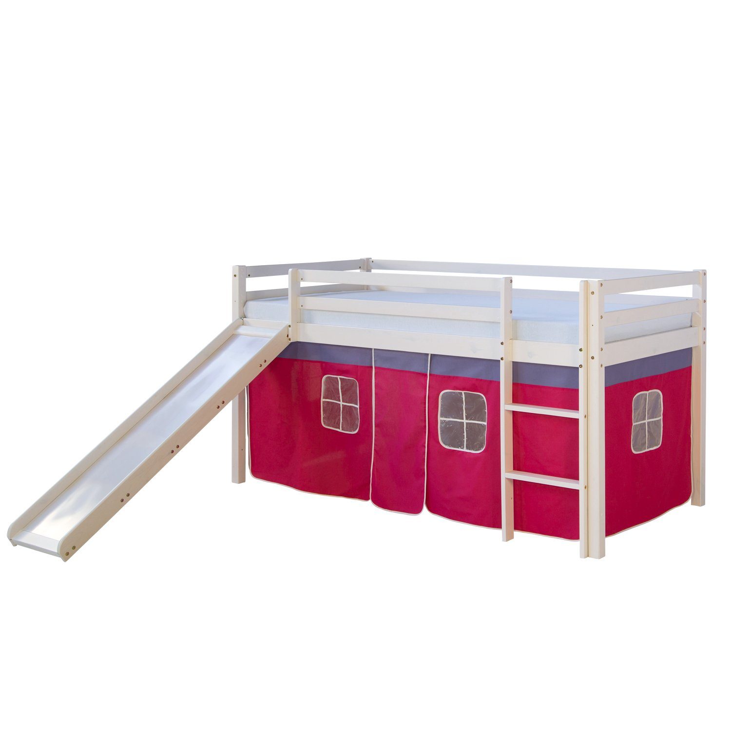 Homestyle4u Hochbett 90x200 cm Kinderbett Weiß mit Vorhang Pink (Set, mit R günstig online kaufen