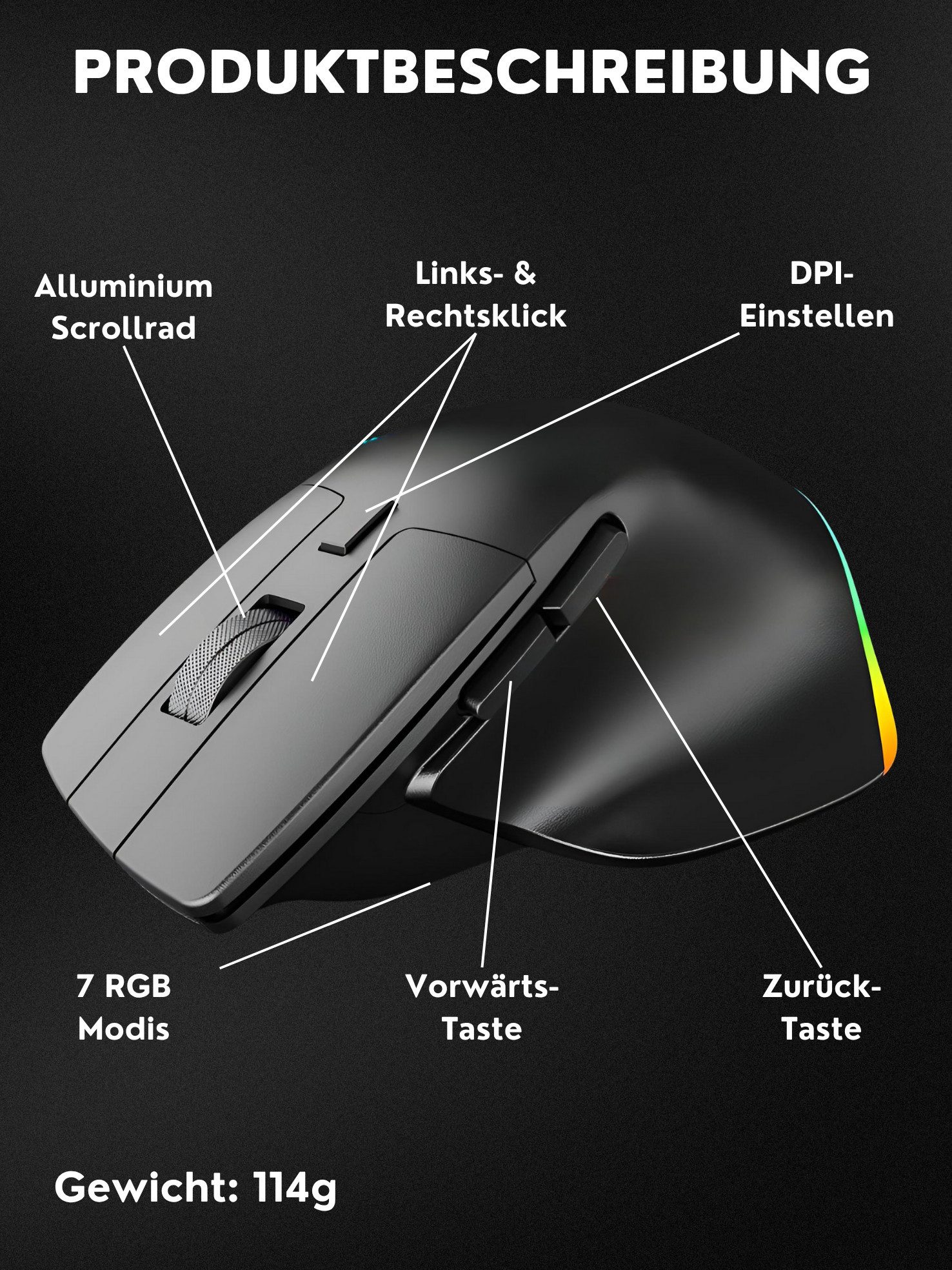 S&T Design RGB Gaming Maus Kabellos Wireless Schwarz Bluetooth Gaming-Maus (Funk, kabelgebunden, Bluetooth, USB-C, 2400 dpi, Ergonomisch, 6 Tasten, 7 RGB Beleuc – Bild 5 von 5