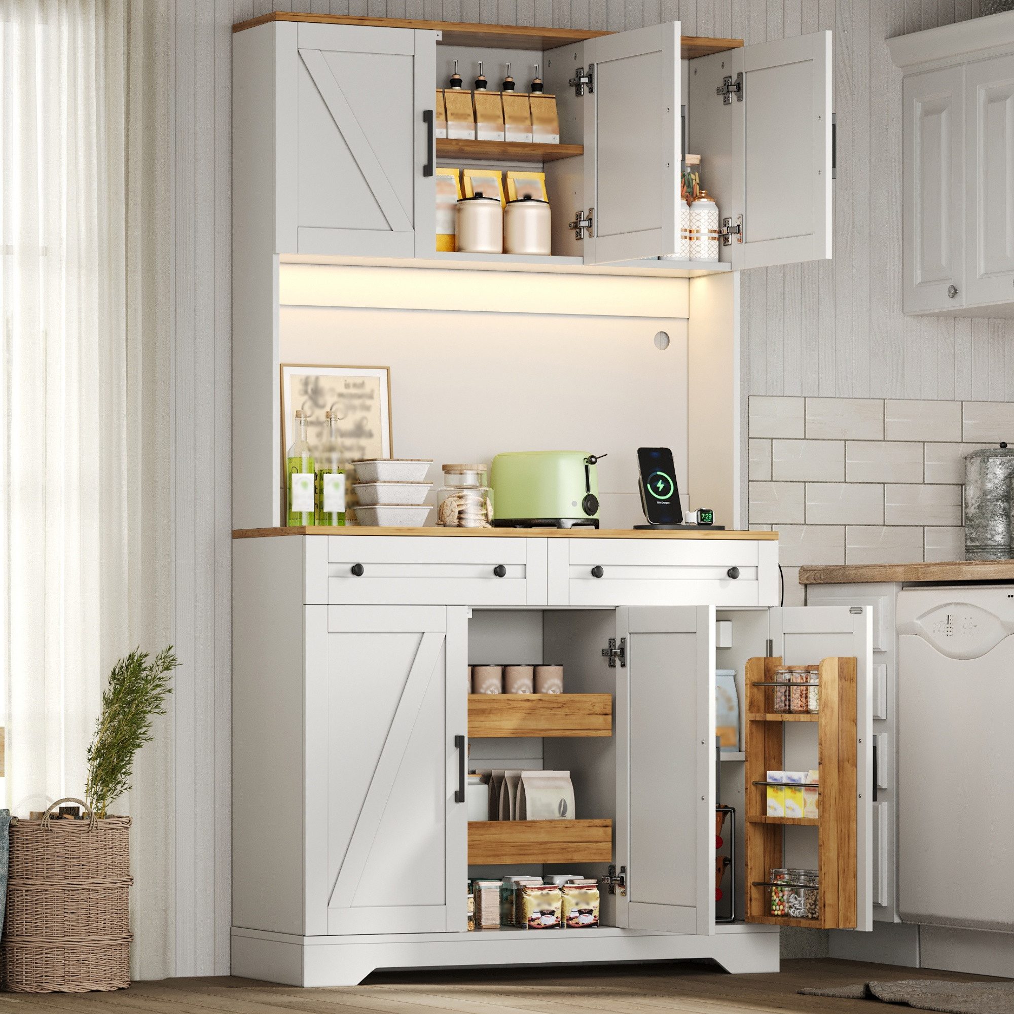 Flieks Küchenbuffet Hochschrank mit LED-Beleuchtung, Steckdosen, versteckter Schubladen (1-St., B100xT40xH180 cm) Küchenschrank mit Arbeitsplatte Holzoptik, verstellbarer Ablagen Weiß