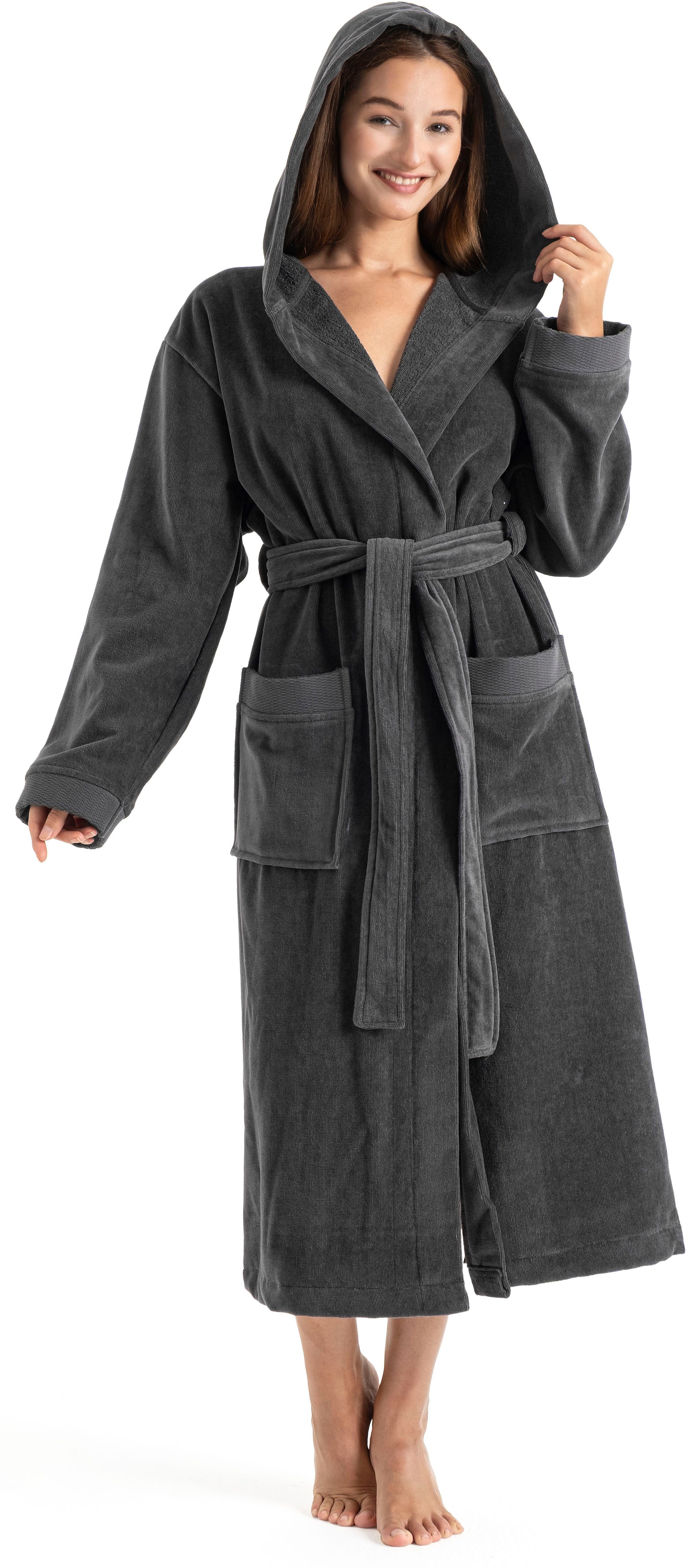 OTTO home Unisex-Bademantel Fenya, 330 g/m², Premium, Hotelbademantel, Morgenmantel, Sauna & Spa, Langform, Veloursfrottier, Kapuze, Gürtel, Reißverschlusstaschen, weich mit GRATIS-Zugabe: 1x Duschtuch 70x140 cm