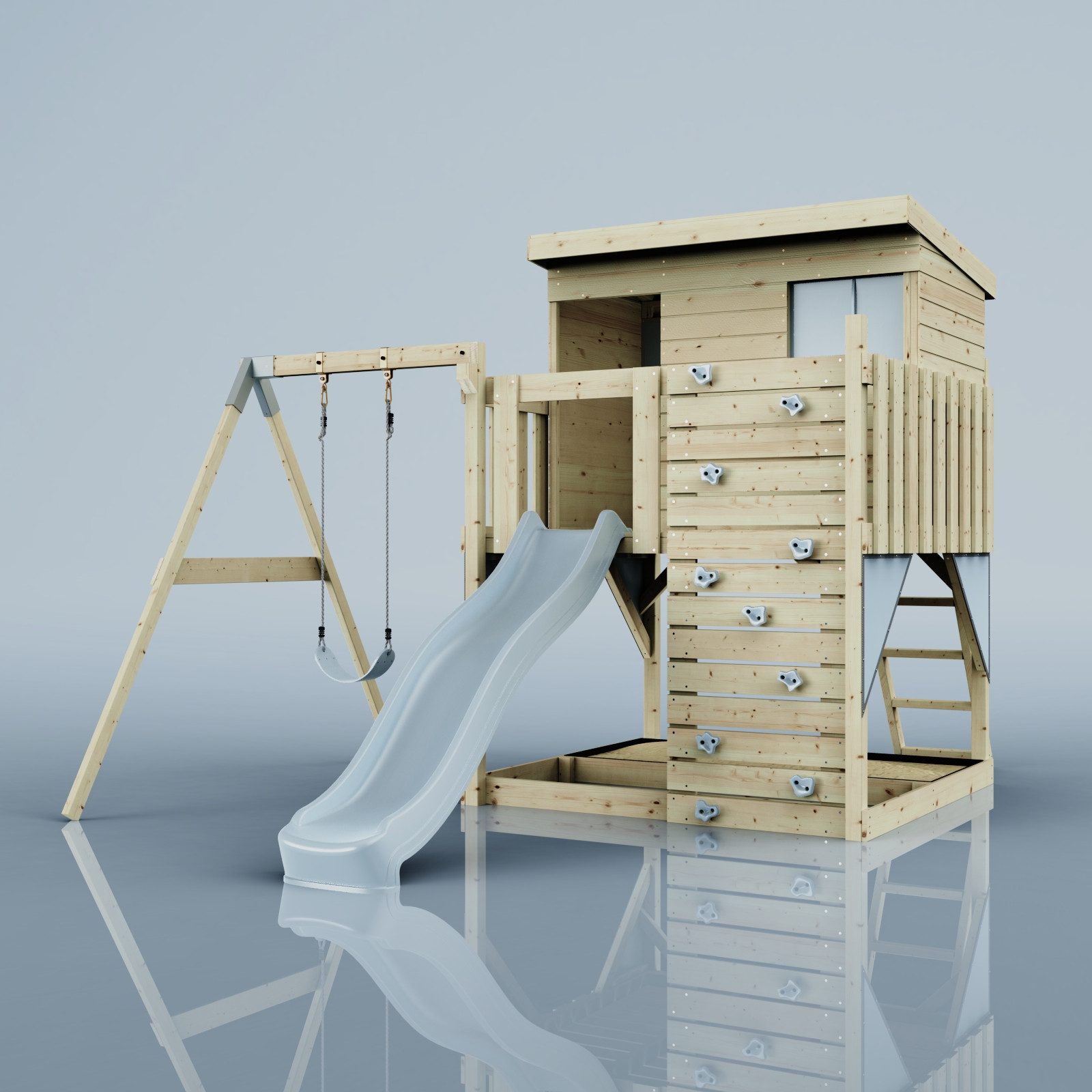 OutdoorToys Spielturm Tjorven, aus Holz in Eisblau mit Kinderschaukel & Rutsche, Kletterwand
