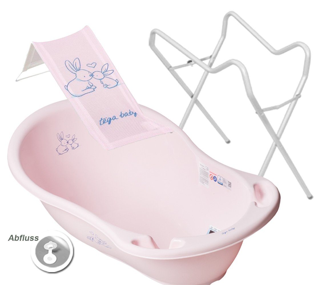 Tega-Baby Babybadewanne 2 TEILE SET H - BUNNIES Rosa - Gestell Weiß- Babybadeset Abfluss, (Made in Europe Spar Set), ** Babywanne+ Badesitz + Gestell **