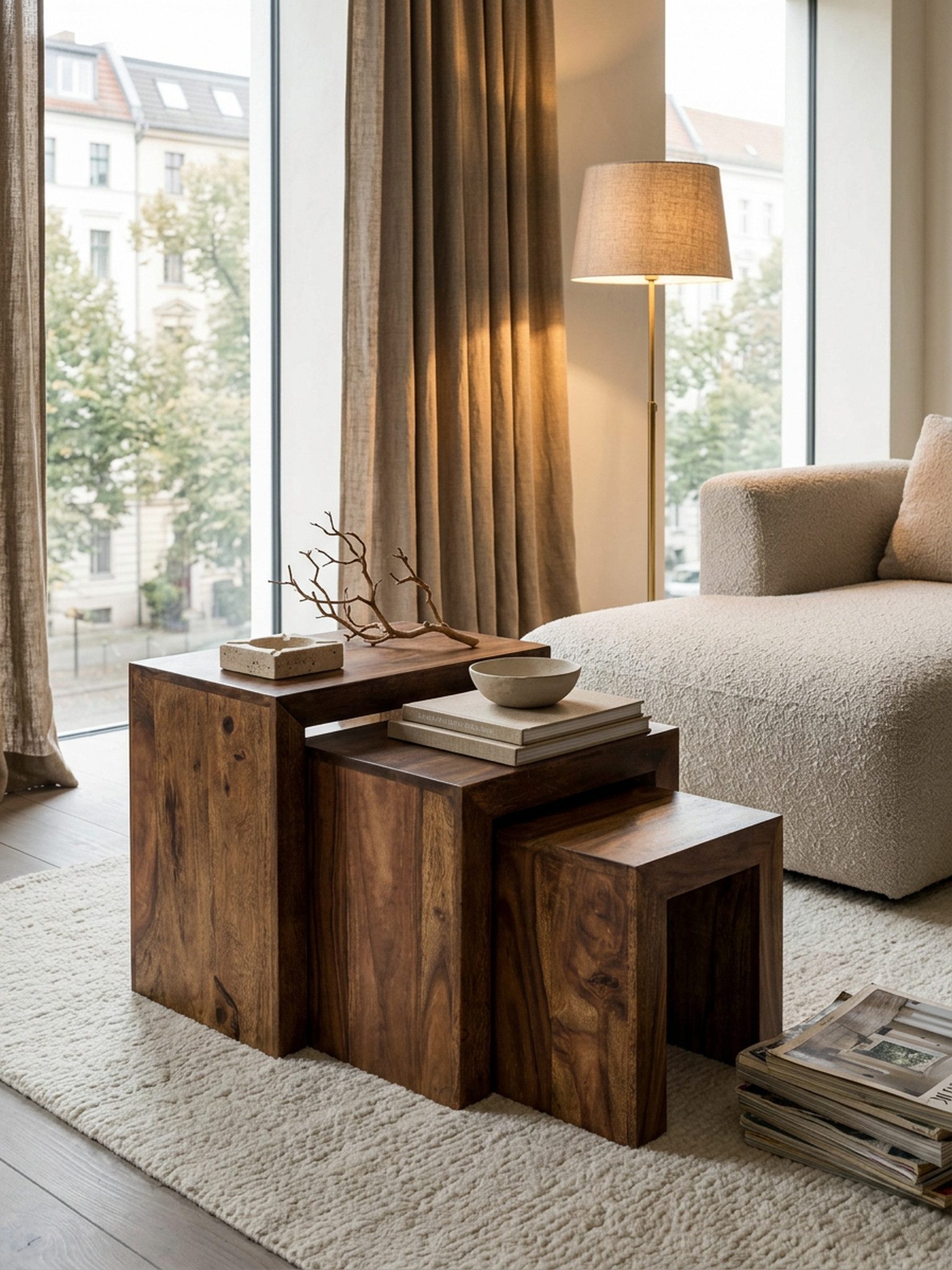 KADIMA DESIGN Satztisch 3er Set Satztisch Massiv-Holz Wohnzimmer-Tisch Landhaus-Stil, Beistelltisch dunkel-braun Naturholz