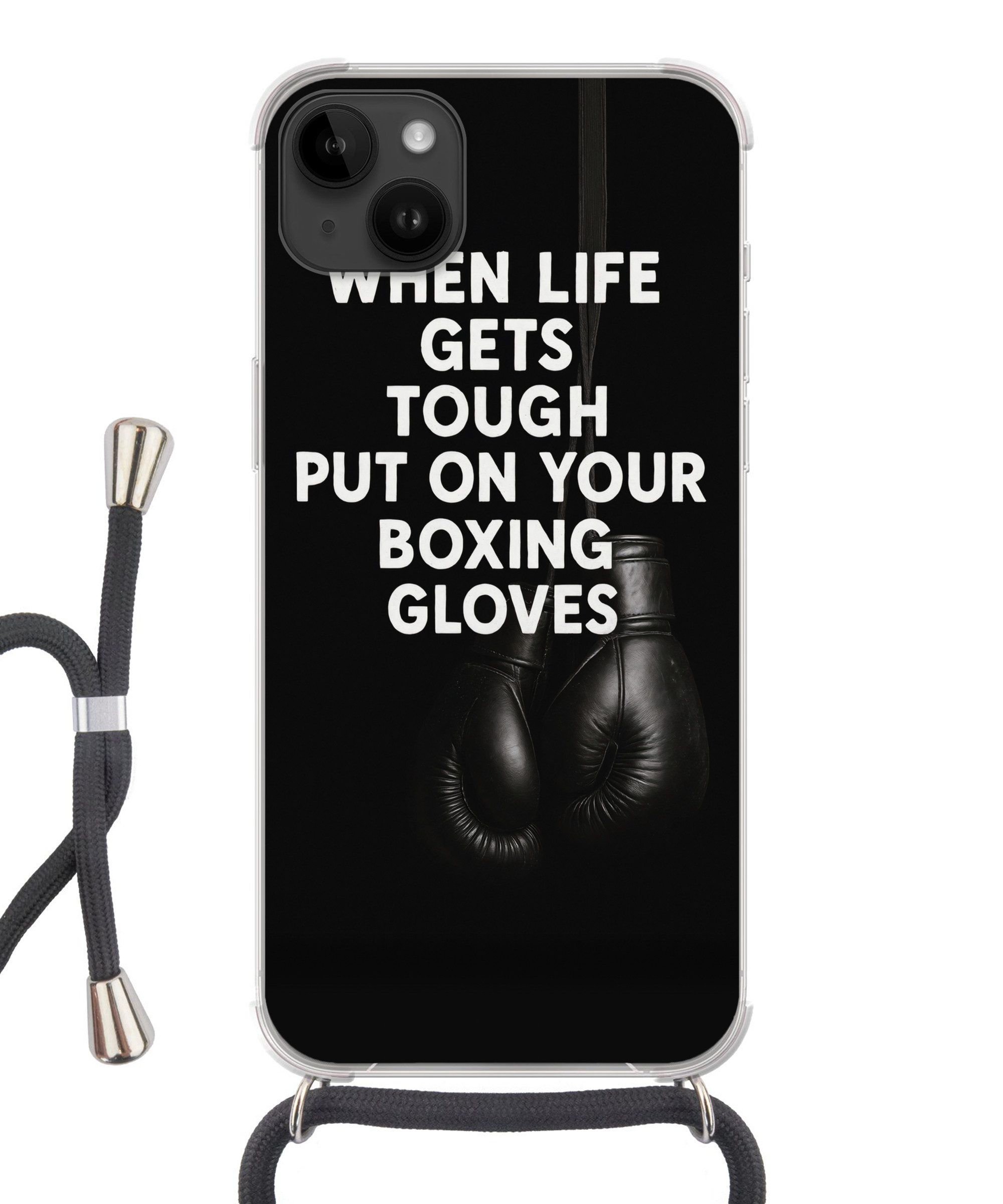 MuchoWow Handyhülle für Apple iPhone 14 Max Text - Boxhandschuhe - Weiß, Tragbare Handyhüllen mit Kette zum umhängen, Handykette Handyband