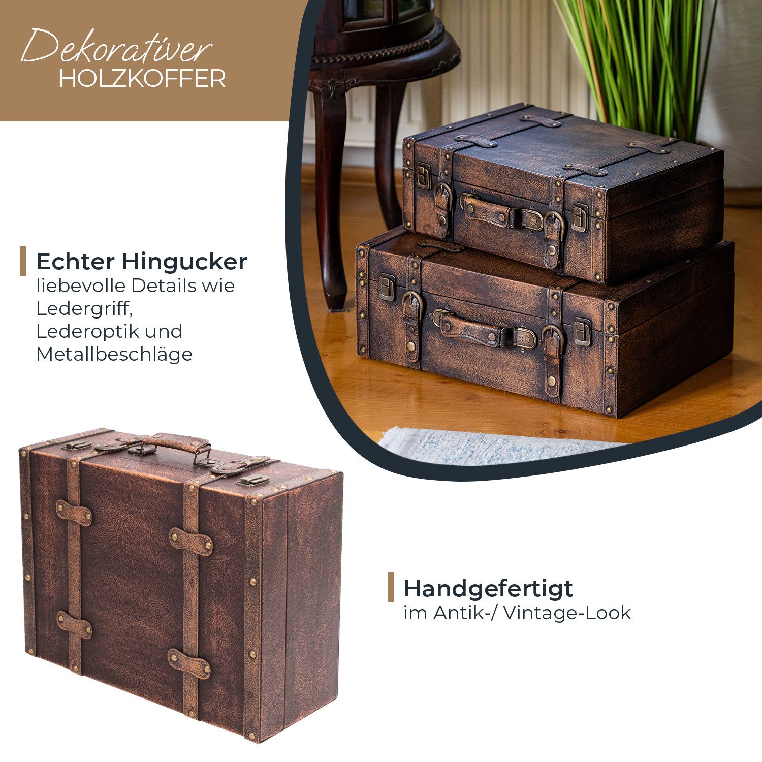 HMF Aufbewahrungsbox Vintage Koffer Holz, Aufbewahrungsbox mit Deckel und Ledergriff als, Geschenkidee für Hochzeit oder Geburtstag, Klassik, 44 x 32 x 16 cm – Bild 2 von 5