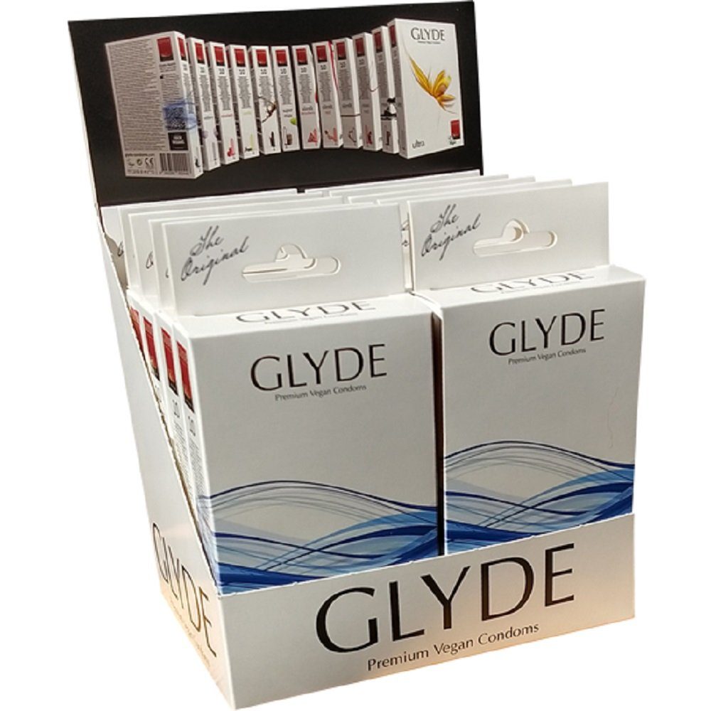 Glyde Презервативы Ultra, 10x10 vegane Презервативы ohne Casein, blau gefärbt und mit natürlichem Blaubeer-Aroma, Spar-Set, 100 St., Sorte: Blueberry, Zertifiziert mit der Veganblume, Gefühlsecht & Reißfest