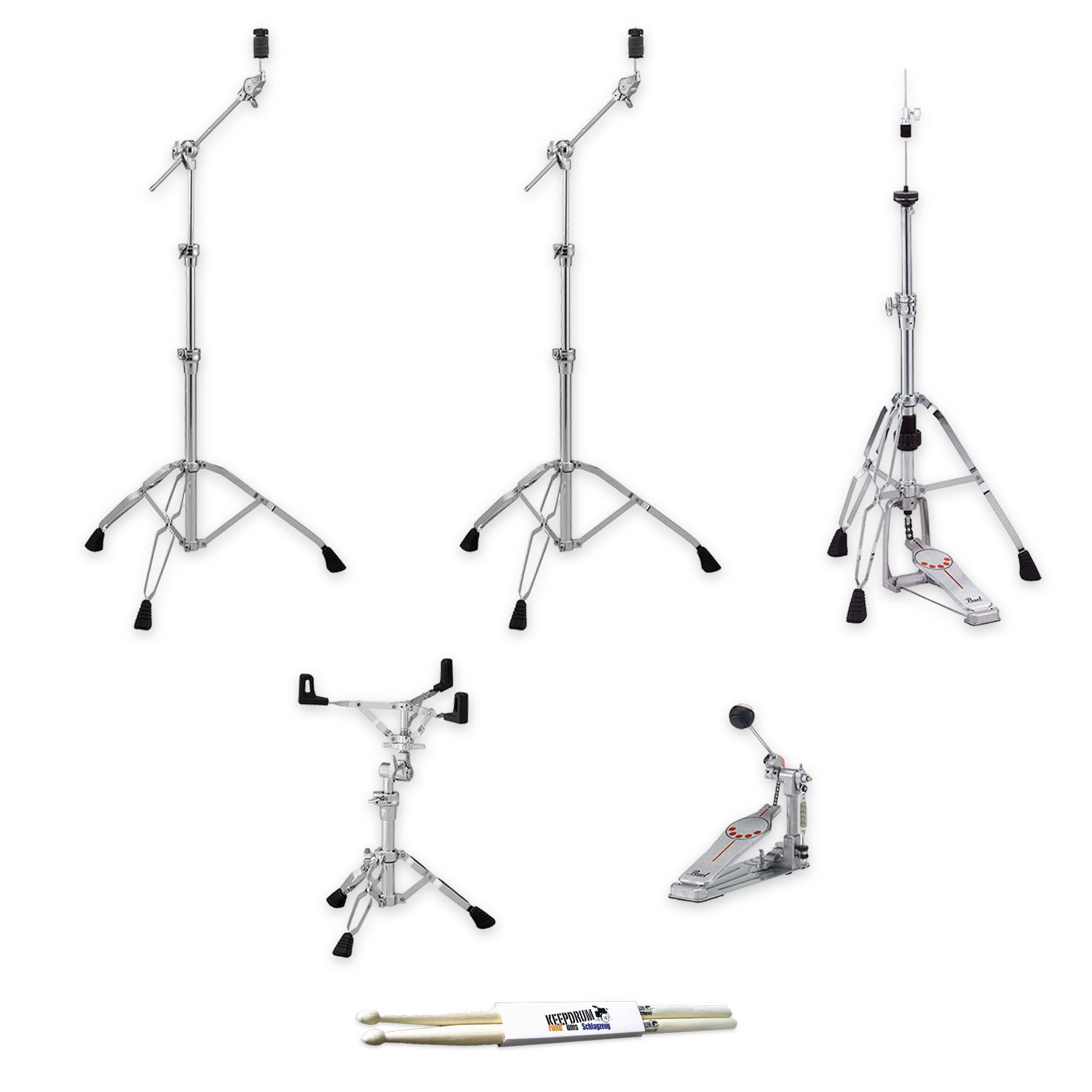 Pearl Drums Schlagzeug Pearl Hardware-Pack HWP-934 mit Schlagzeugstöcken,Für fortgeschrittene und semiprofessionelle Drummer, Galgenbeckenstativ, Hi-Hat Maschine, Snare Stativ, Einzelfußpedal, Hardware-Pack
