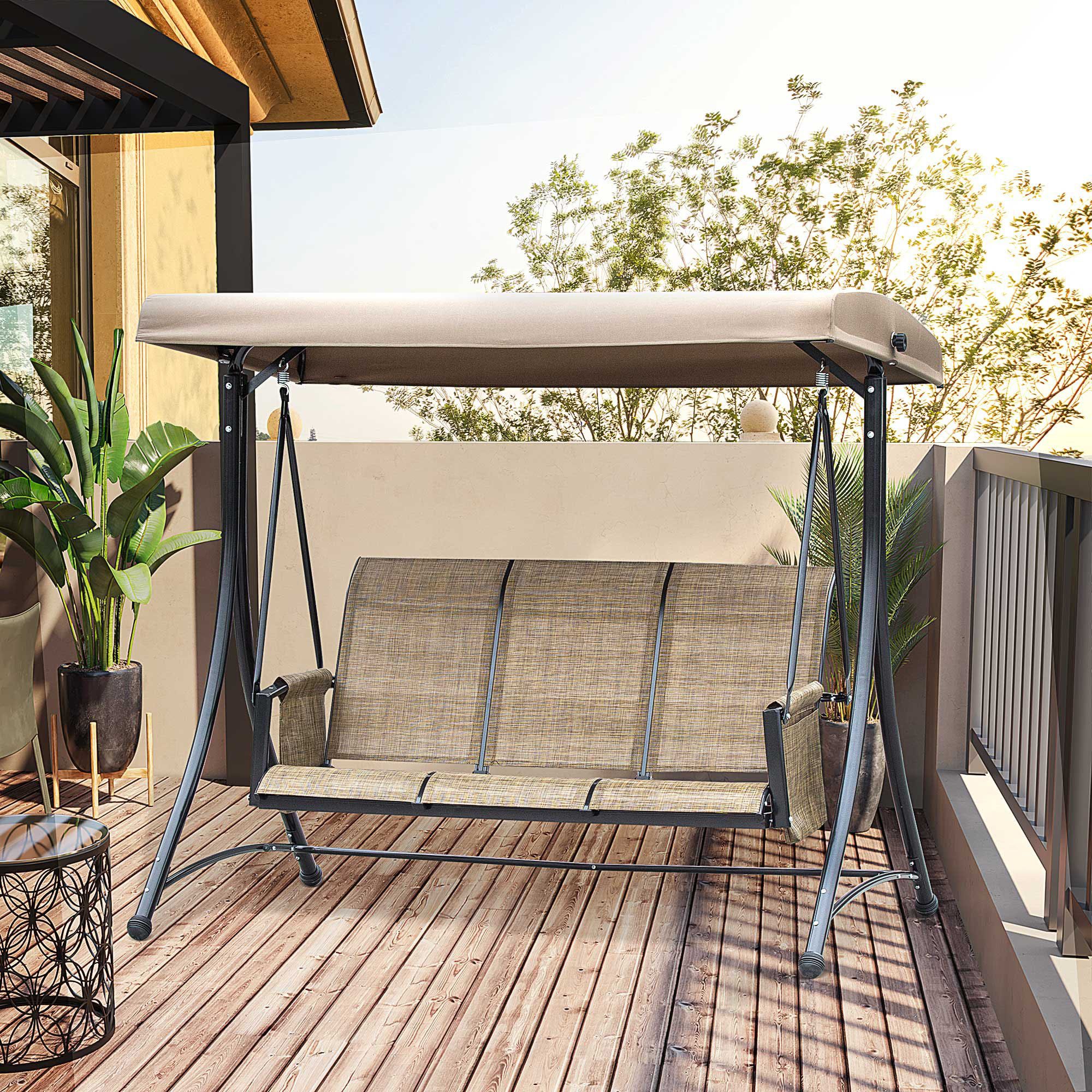 Outsunny Hollywoodschaukel Gartenschaukel mit verstellbarem Sonnendach, bis 300kg, Terrasse, 3-Sitzer, mit verstellbarem Sonnendach, 3-Sitzer Gartenschaukel, 1 tlg., Schaukelbank, belast bis 300kg, für Garten, Terrasse, 196 x 128 x 172 cm, Braun