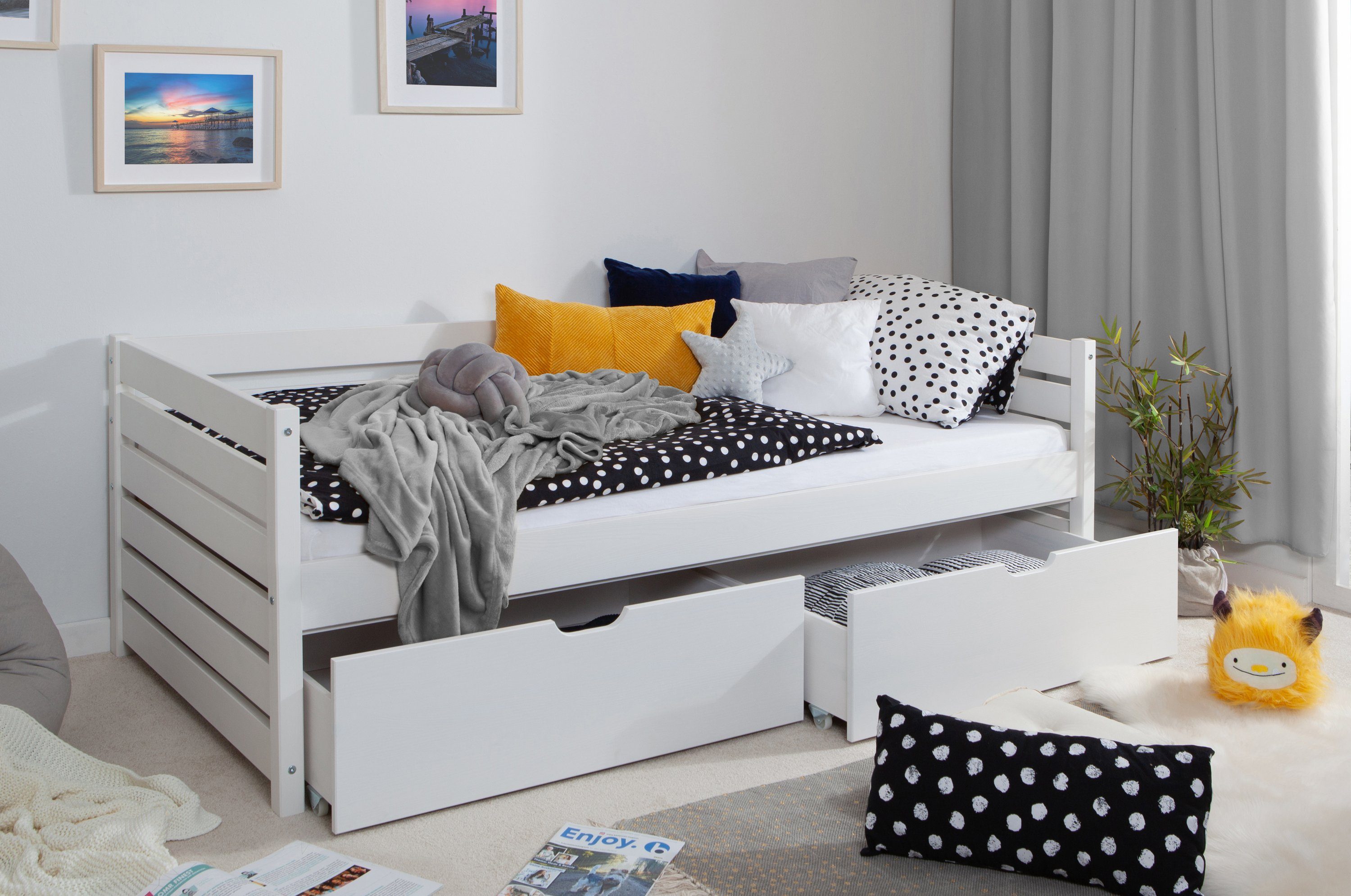 Ticaa Bettgestell Sofabett Naomi inkl. 2x Schubkästen, 120x200, Weiß