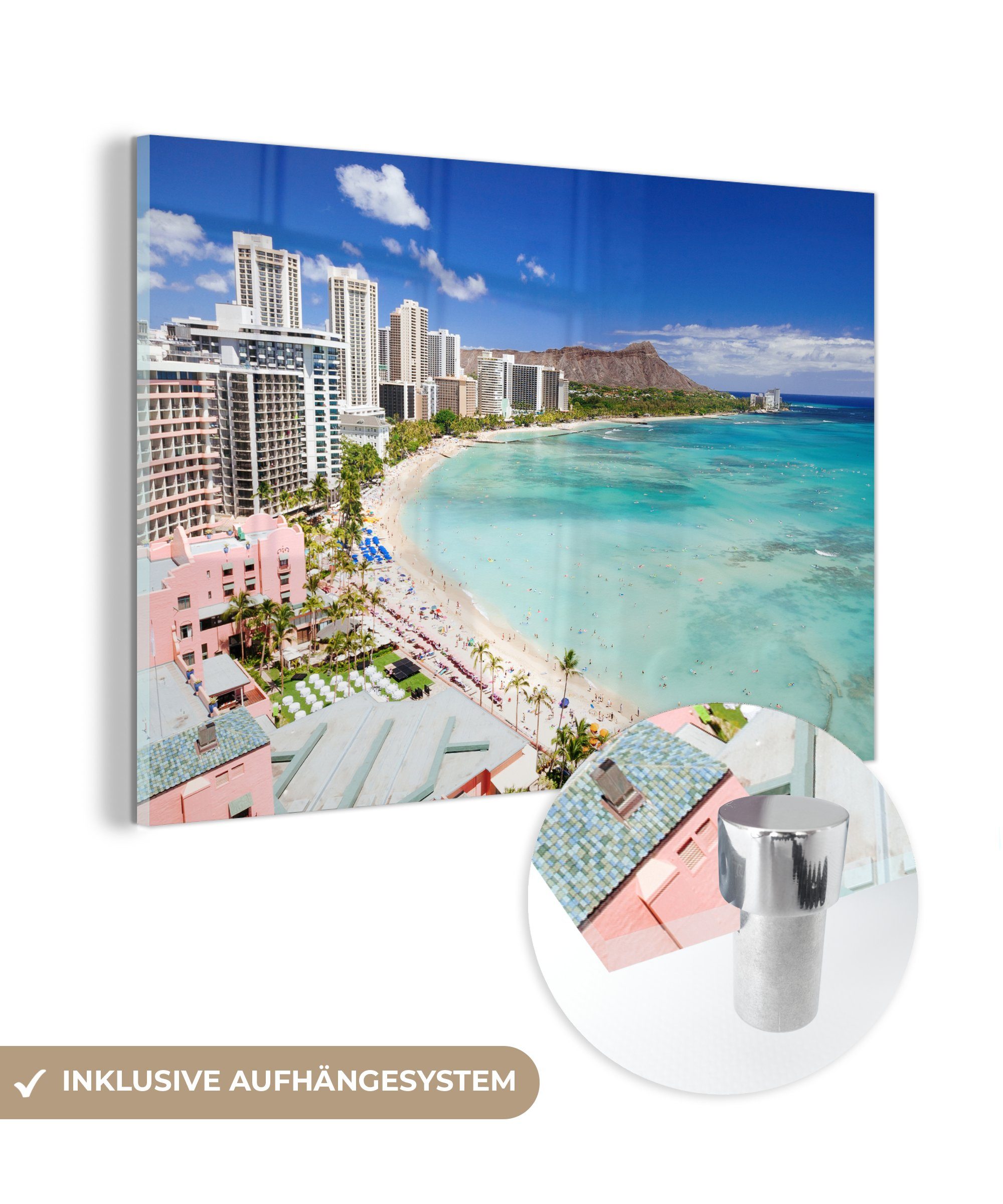 MuchoWow Acrylglasbild Waikiki Beach und der Diamond Head Krater auf Hawaii, (1 St), Acrylglasbilder Wohnzimmer & Schlafzimmer