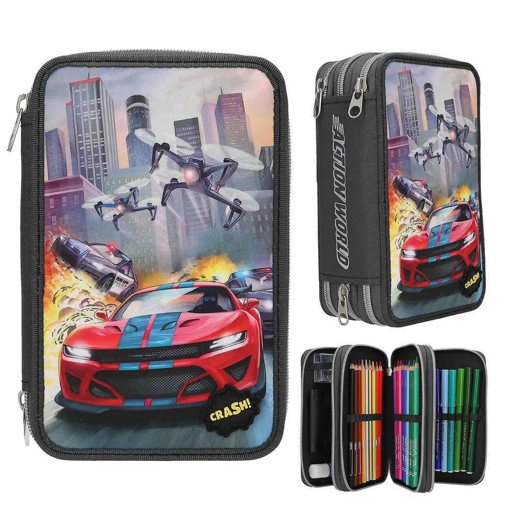 Dino World Kinderrucksack Action World 3 Fach Federtasche LED Drohne