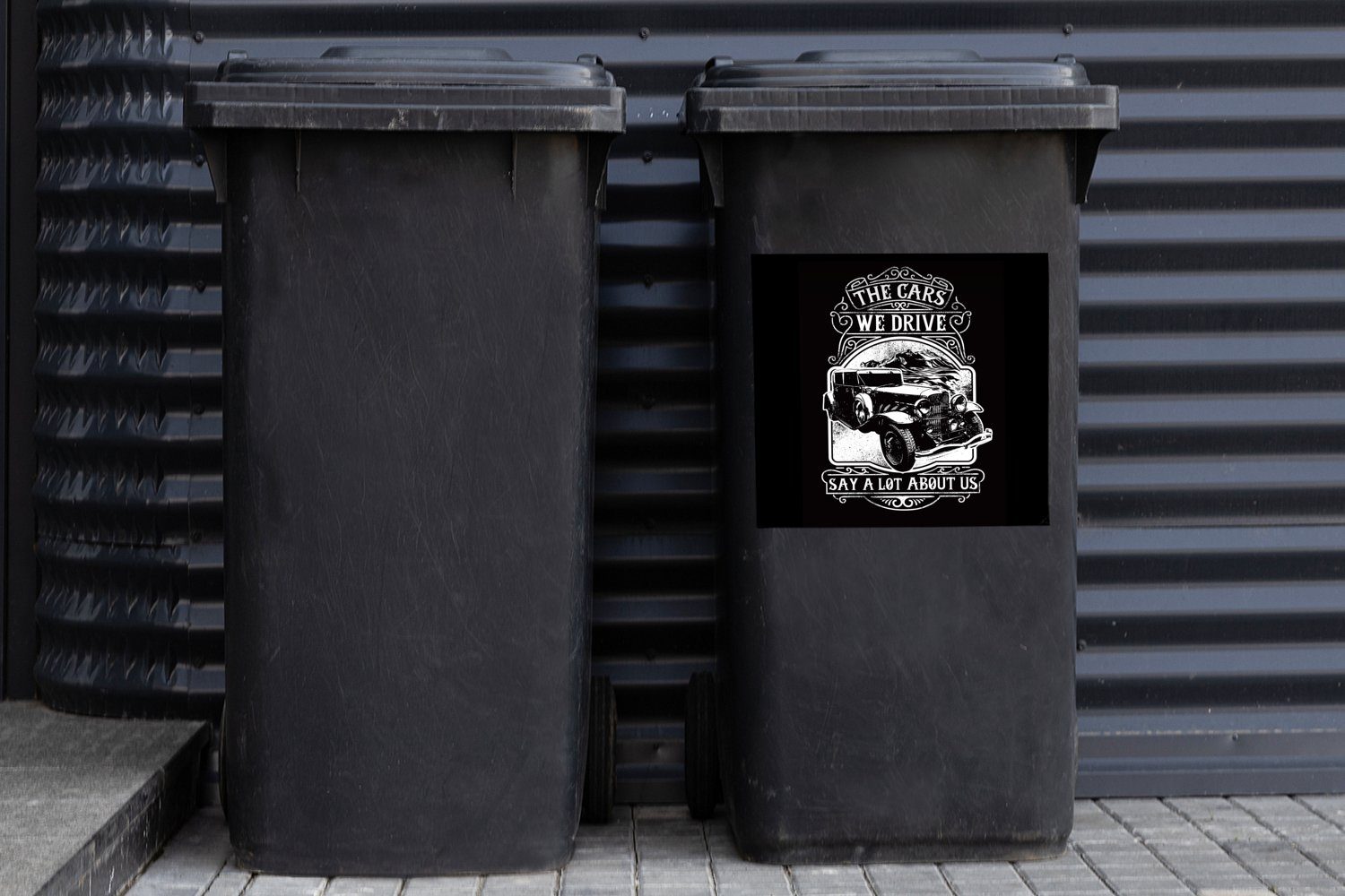 MuchoWow Sticker, Weiß - - Wandsticker Container, St), (1 Auto Schwarz - Abfalbehälter Mülltonne, - Mancave Retro Mülleimer-aufkleber,