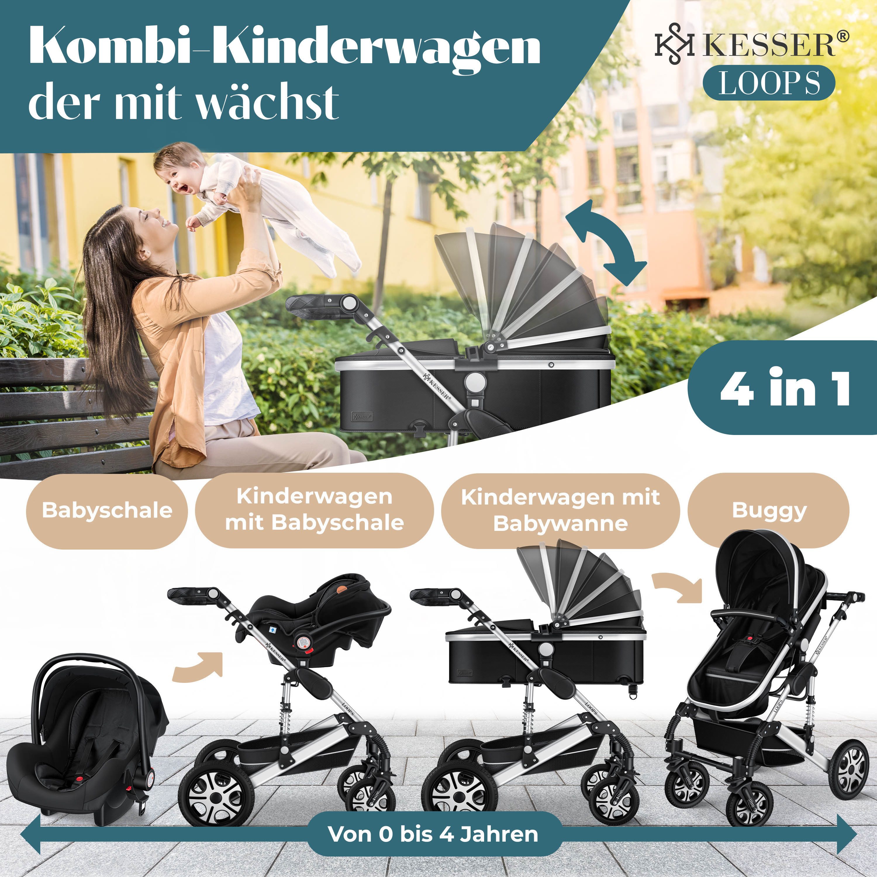 KESSER Kombi-Kinderwagen, 4in1 Loops Kinderwagen Komplettset auch als Buggy, Kinder bis 4 Jahre
