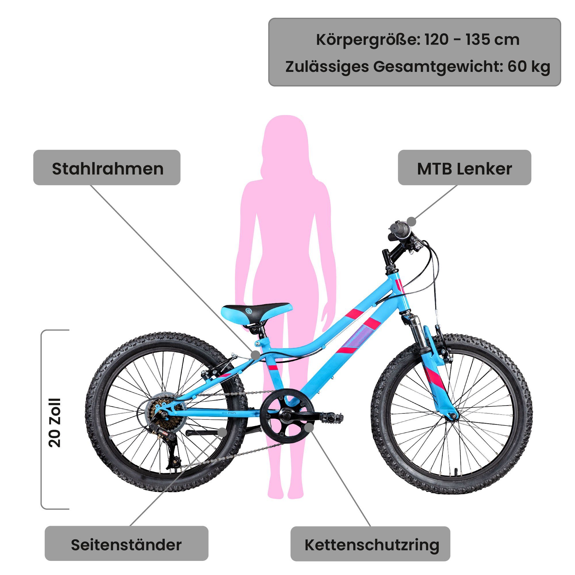 135 GA20, Kettenschaltung, blau Mountainbike Fahrrad Kinderfahrrad Galano - 5 Mädchen Zoll Jungen 20 Jahre 120 ab 7 cm Gang,