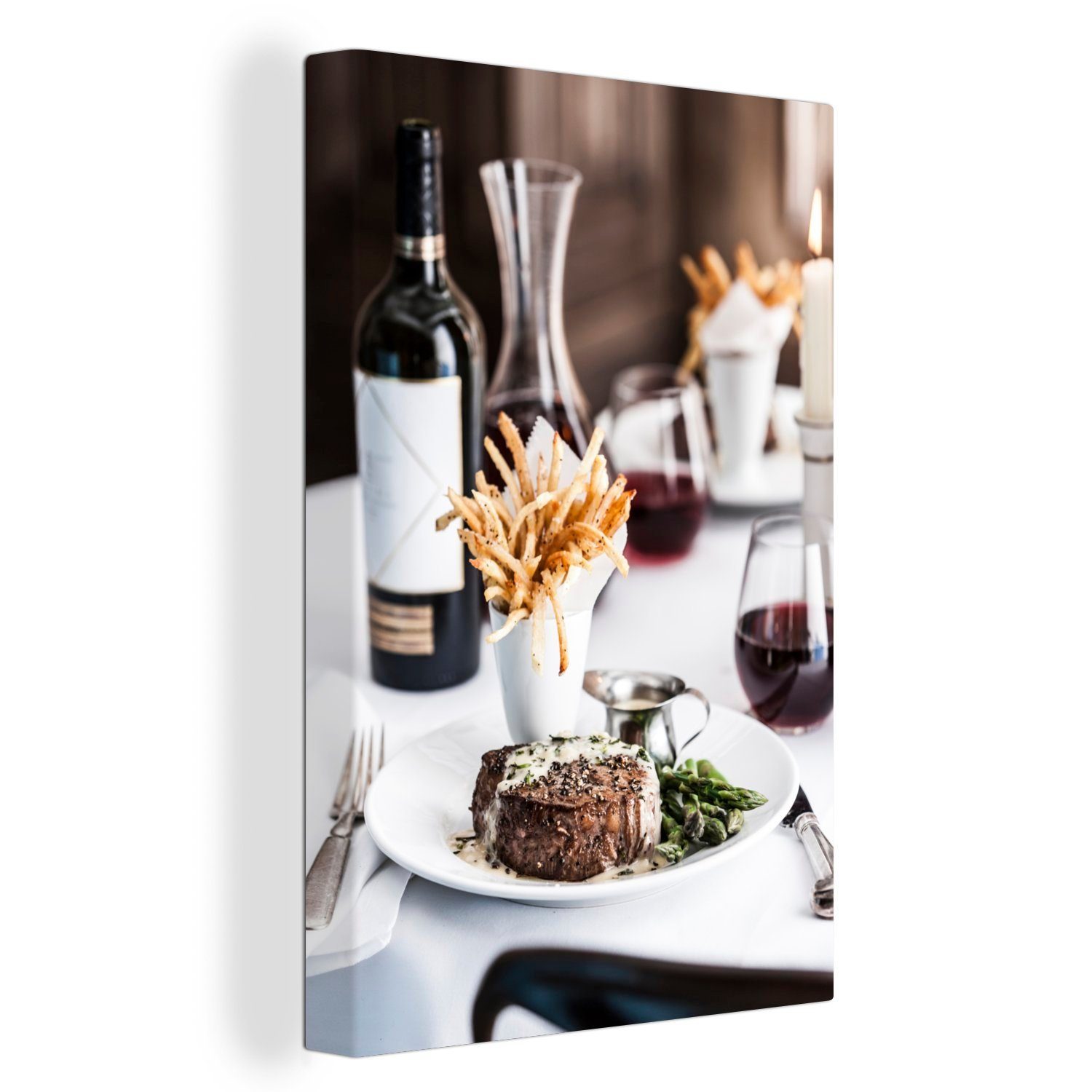 OneMillionCanvasses® Leinwandbild Ein Steak mit einer Tüte Pommes frites, (1 St), Leinwandbild fertig bespannt inkl. Zackenaufhänger, Gemälde, 20x30 cm | Leinwandbilder