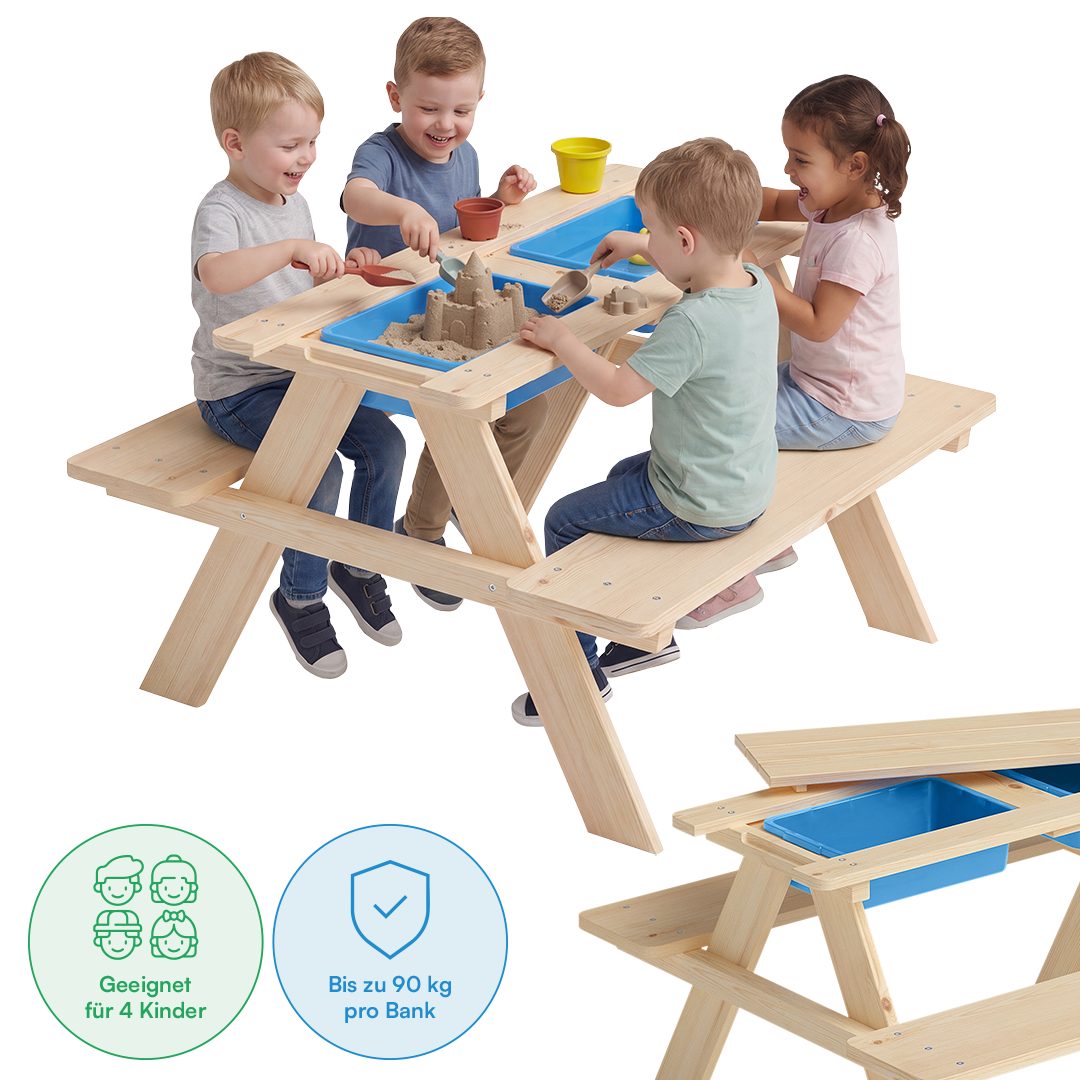Bellabino Kindersitzgruppe Inny Outdoor-Bank aus Holz, (Tisch und Bänke, inkl. 2 Wannen, Sitzgruppe), für 4 Personen, unbehandelt, Kindermöbelset aus Kiefer Massivholz
