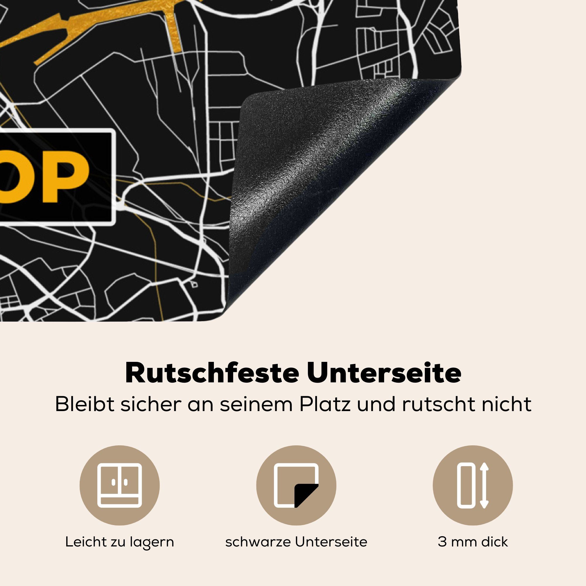 Stadtplan cm, - und (1 Gold - Arbeitsplatte Karte, für Bottrop - Deutschland Herdblende-/Abdeckplatte Ceranfeldabdeckung, MuchoWow küche Vinyl, Schwarz tlg), - 78x78