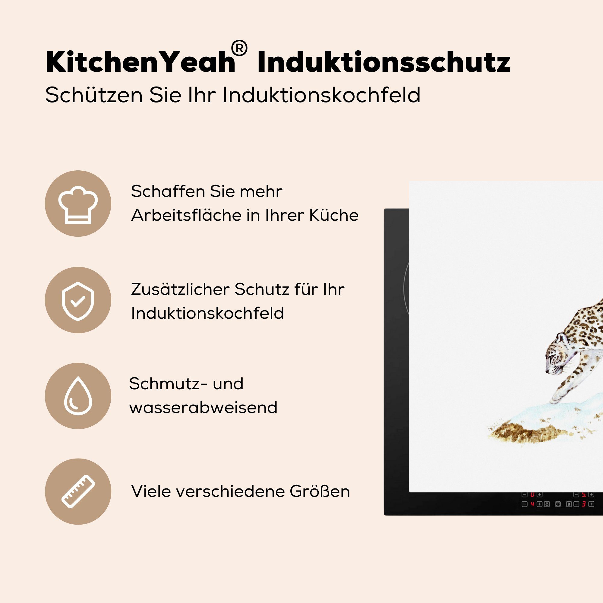 Arbeitsfläche cm, Vinyl, (1 Antike MuchoWow Mobile Illustration eines tlg), Schneeleoparden, Ceranfeldabdeckung Herdblende-/Abdeckplatte 70x52 nutzbar,