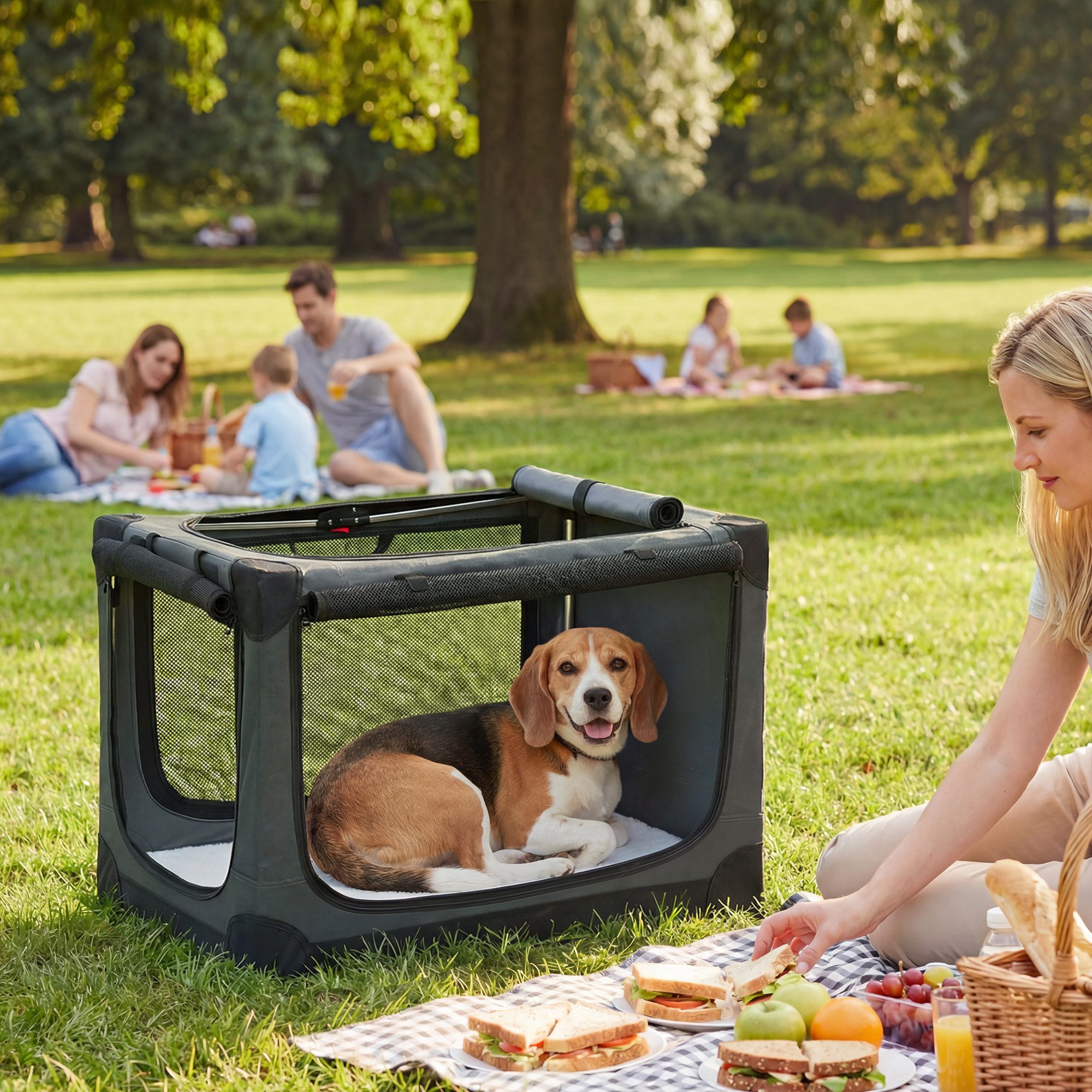 PawHut Tiertransportbox Hundebox faltbar 76x54x54cm Hundetransportbox mit Kissen bis 20 kg, Transportbox aus 600D Oxford-Gewebe für Reise & Auto Armeegrün