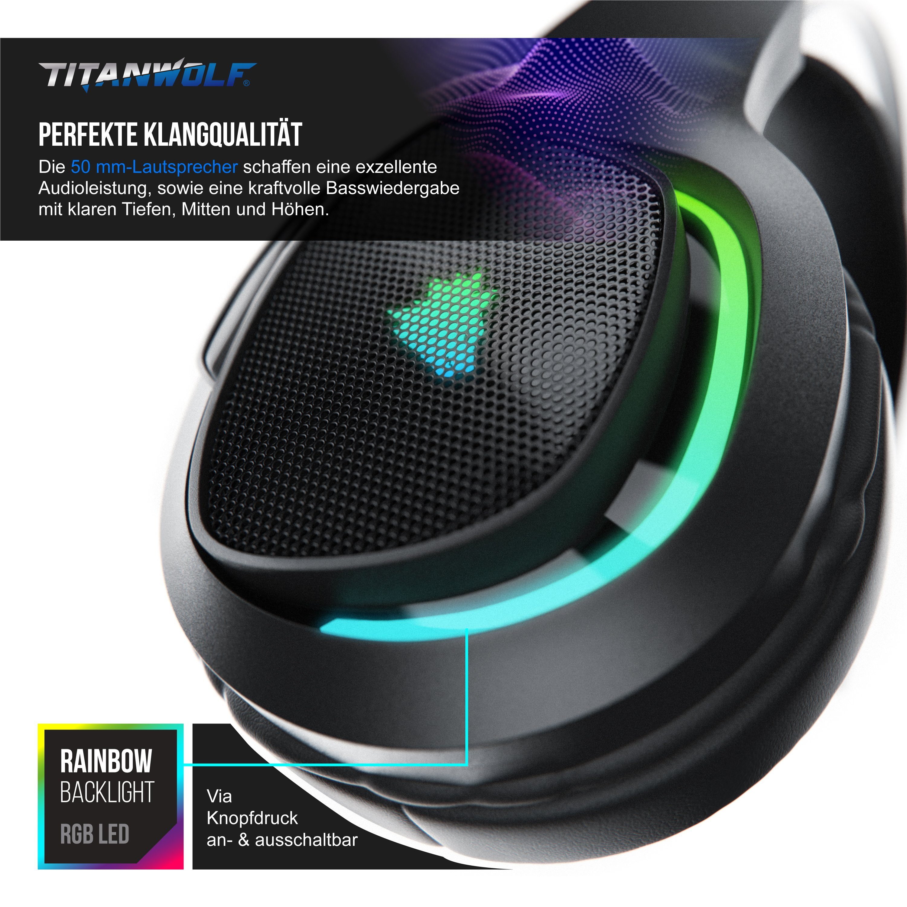 Titanwolf Kopfhörer 7.1 Virtual Surround, LED, RGB Gaming-Headset PS5) PS4 Mikrofon, für (PC