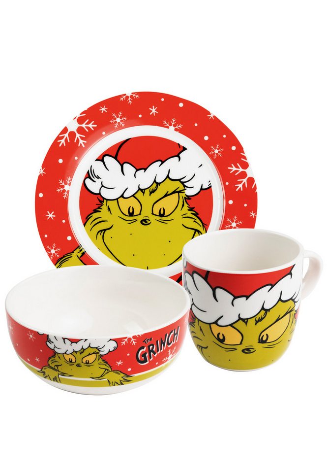 United Labels® Frühstücks-Geschirrset The Grinch Merry Grinchmas Set 3-teilig, 1 Personen, Porzellan