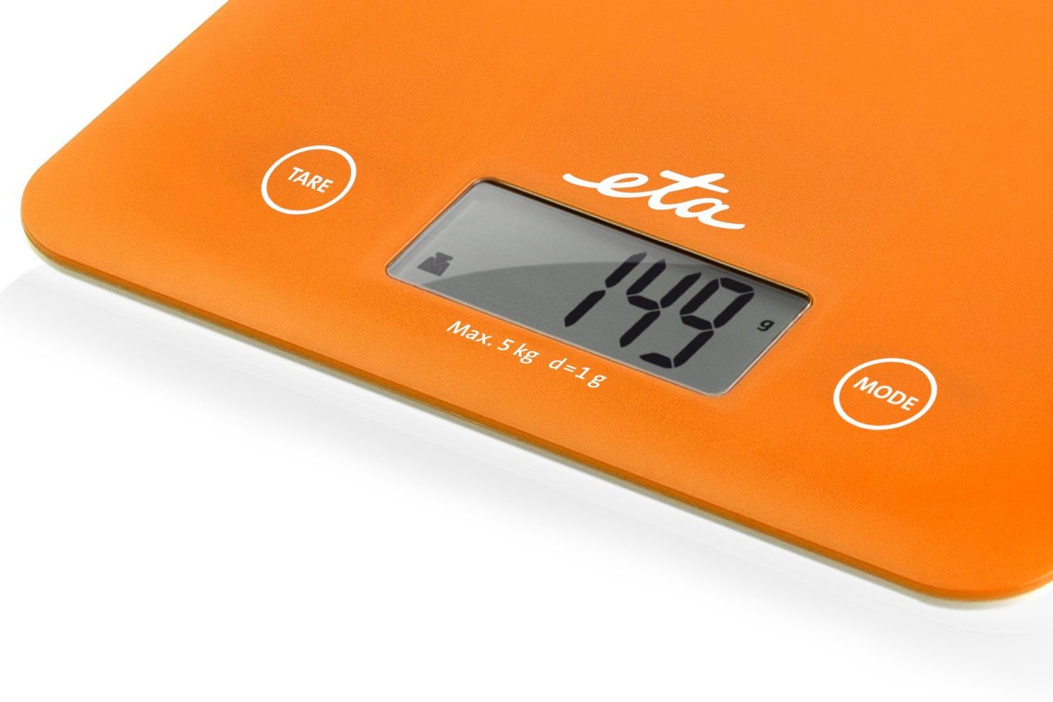 eta Küchenwaage ETA277790030 Lori bis TARE (1-tlg), orange, 1g, Genauigkeit LCD-Display, 5kg