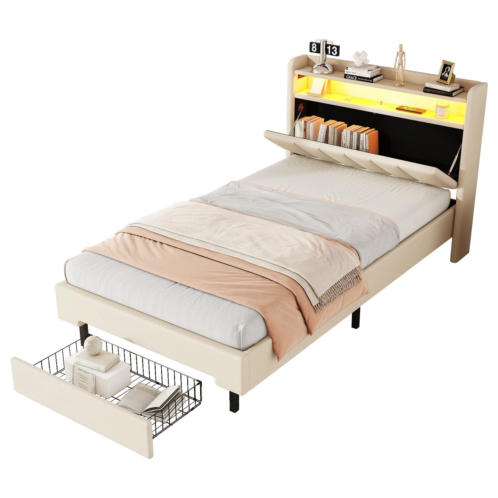 SOFTWEARY Stauraumbett mit LED-Beleuchtung (90x200 cm), günstig online kaufen