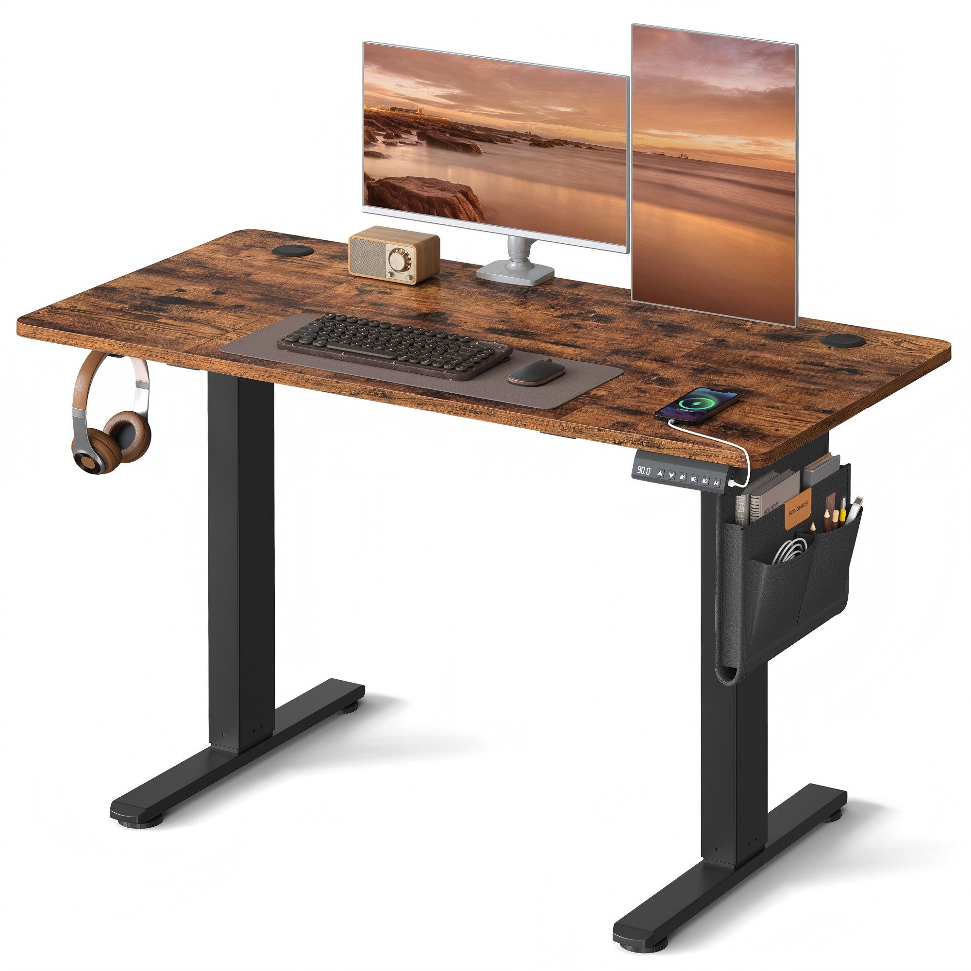 SONGMICS Schreibtisch Höhenverstellbarer elektrisch, 100/120/140/160/180 cm, USB-C-Anschluss, Memory-Funktion für 4 Höhen, mit Stoff-Organizer